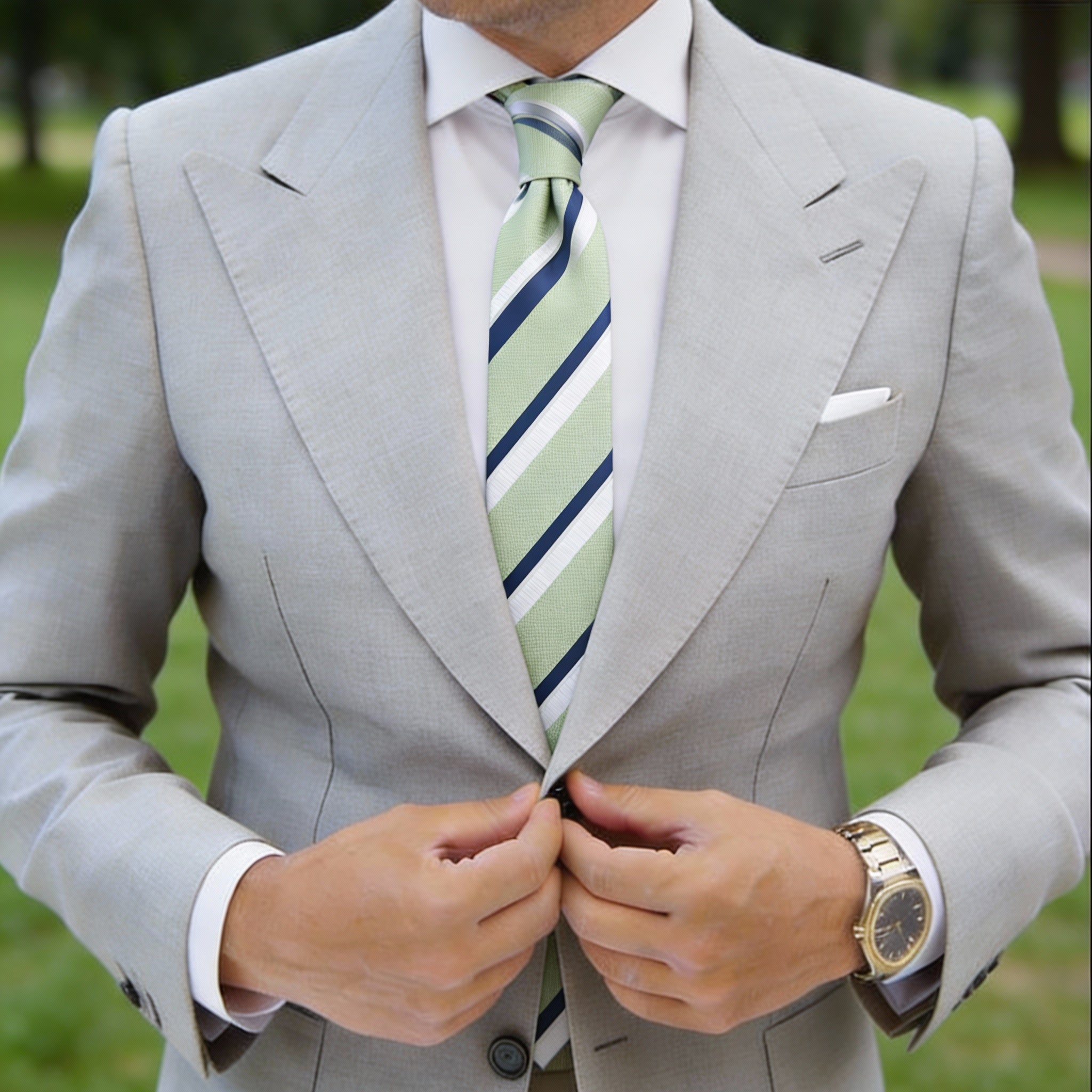 Light Green With Navy Blue & White Stripe Necktie
