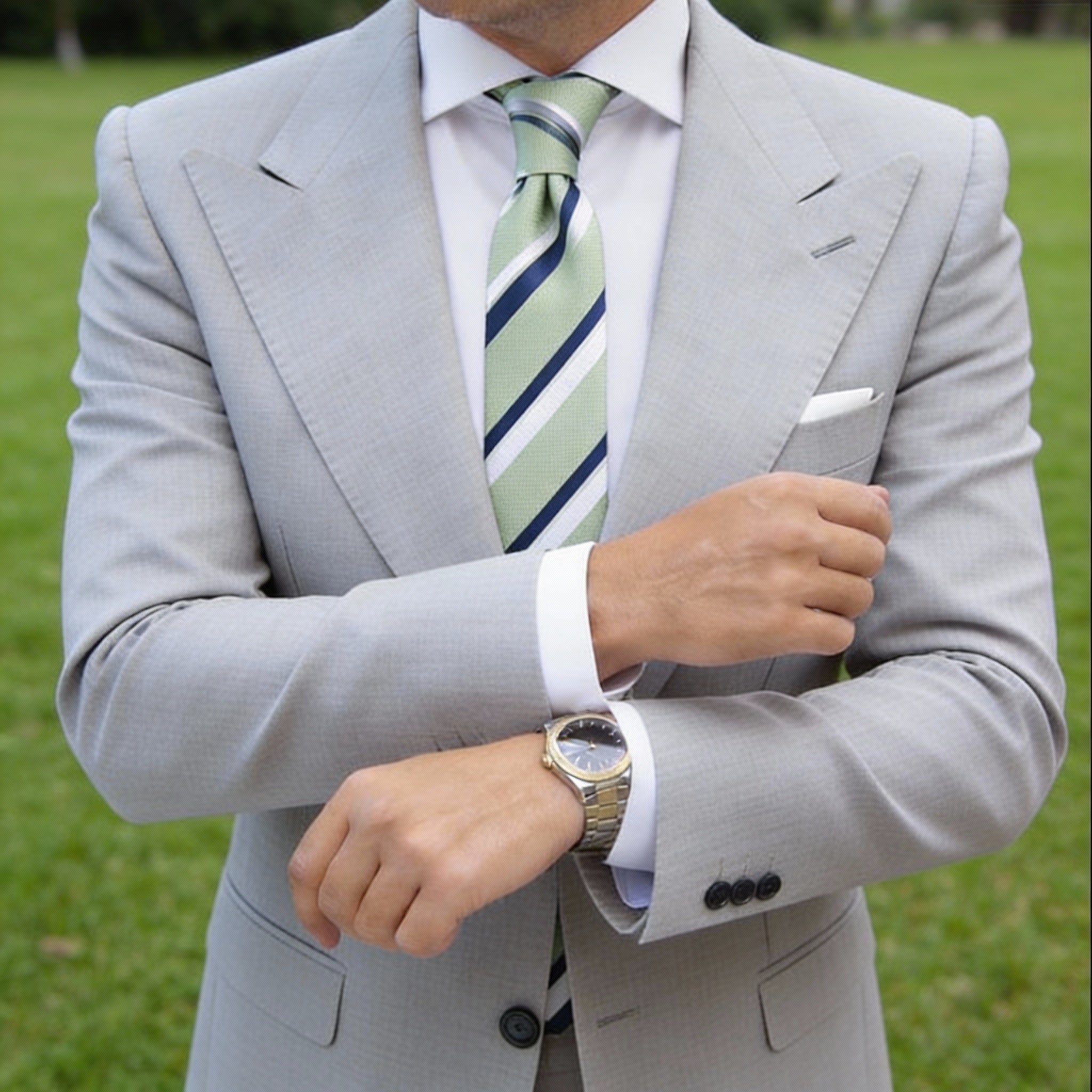 Light Green With Navy Blue & White Stripe Necktie