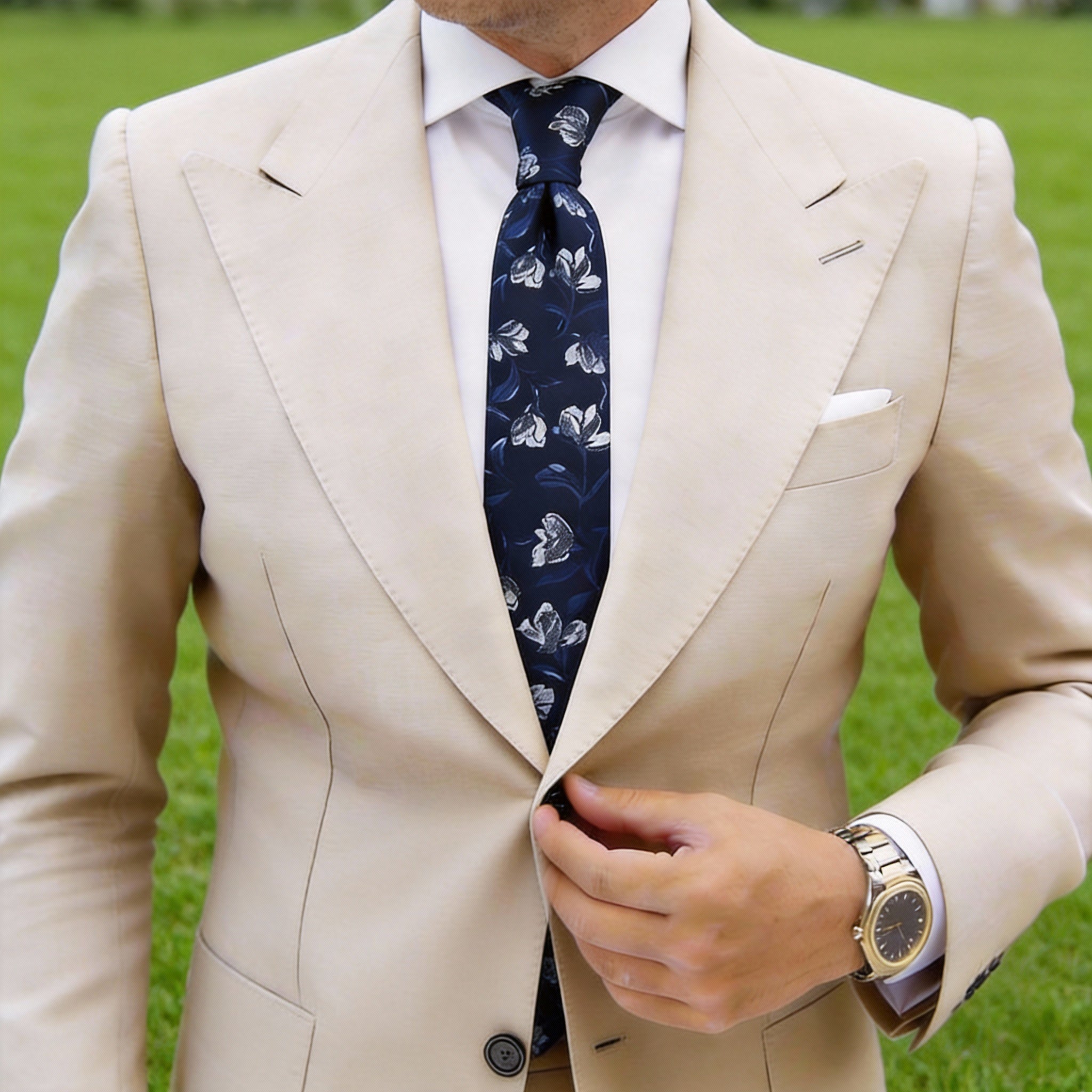 Navy Blue White Floral Necktie