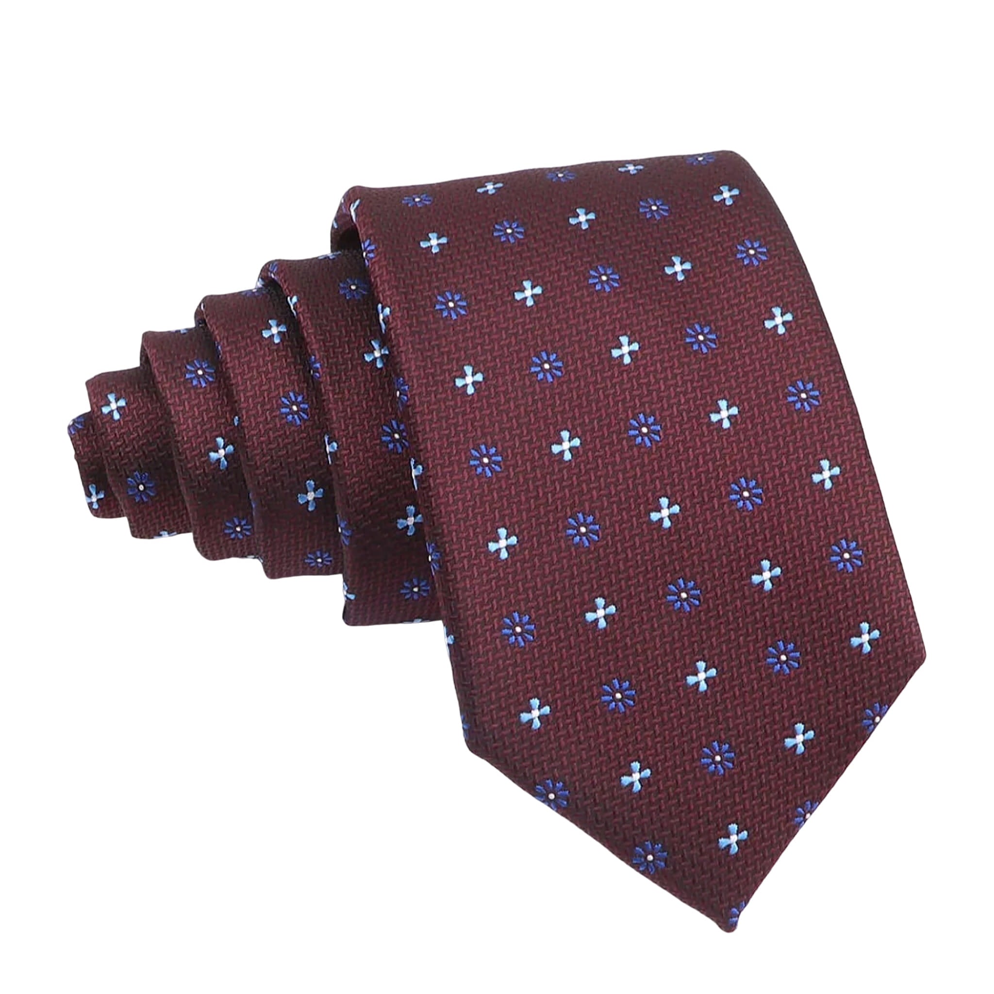 Maroon Necktie with Blue Floral Patterns