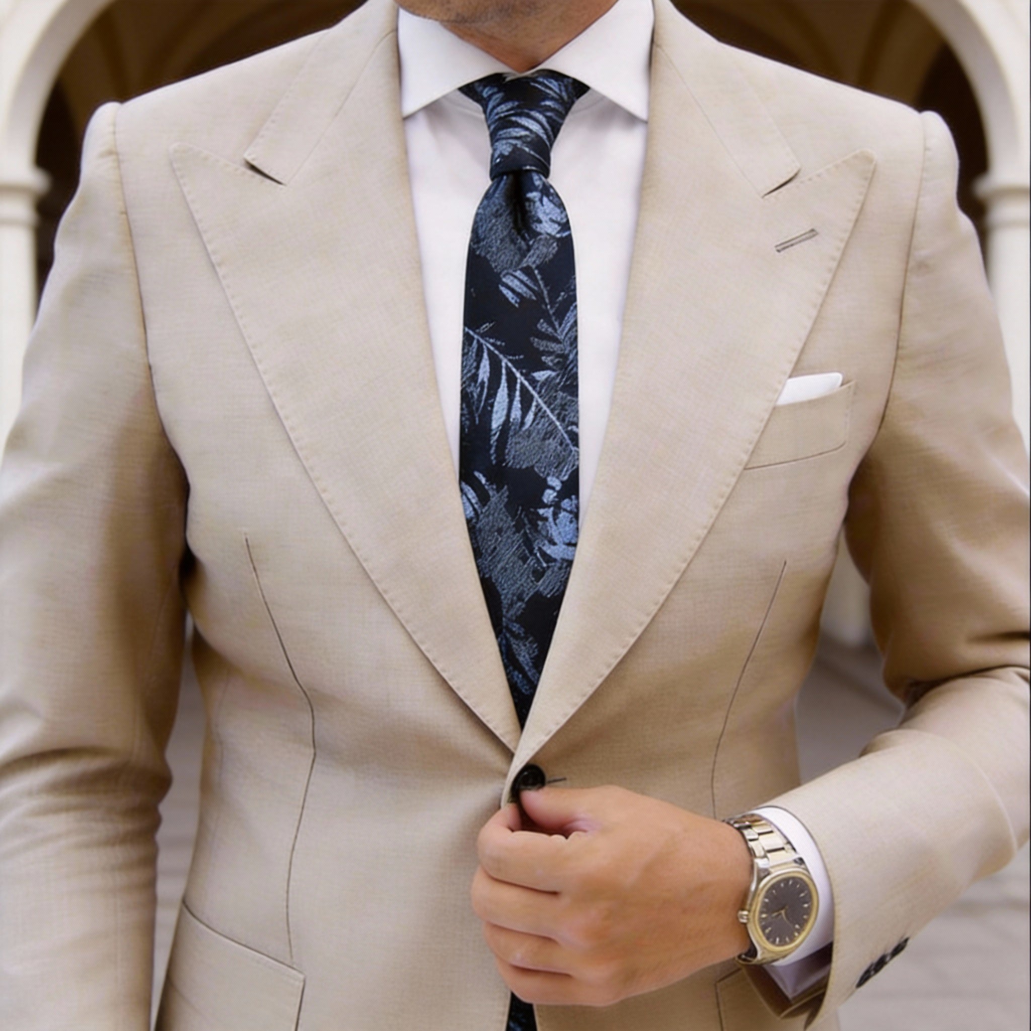 Navy Blue Light Blue Leaf Necktie