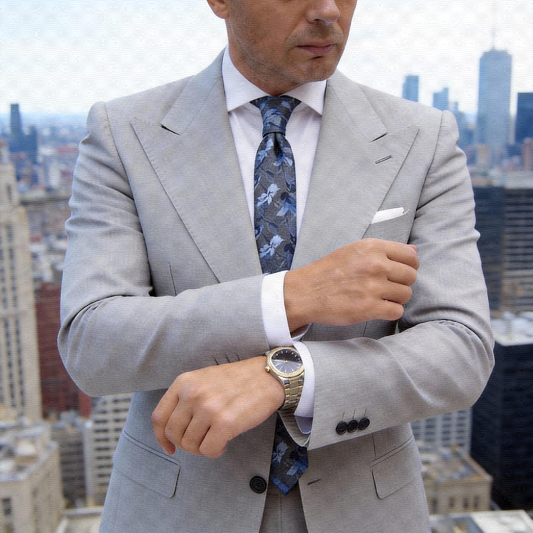 Gray Blue Floral Necktie