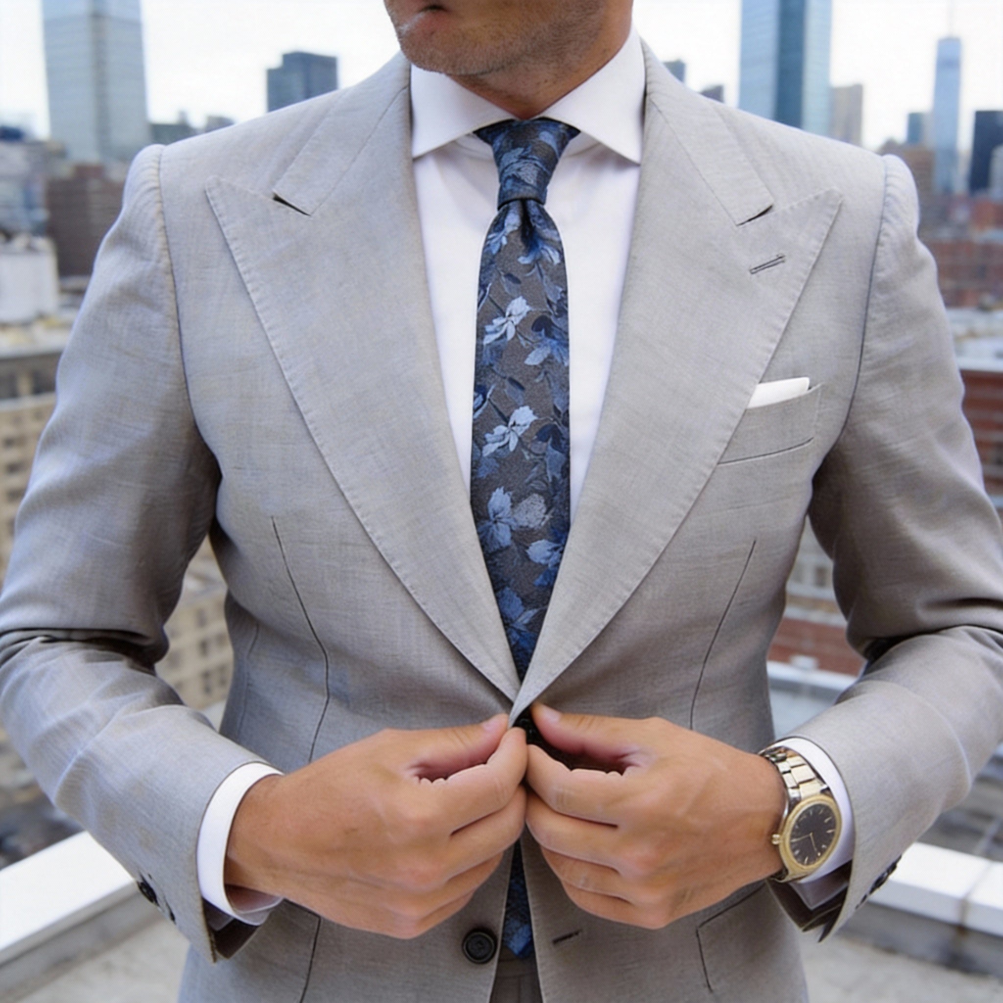 Gray Blue Floral Necktie