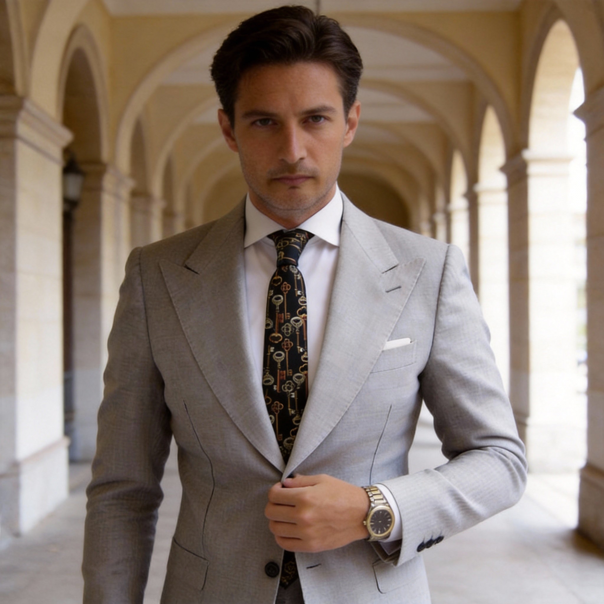 Black Necktie With Gold Key Patterns