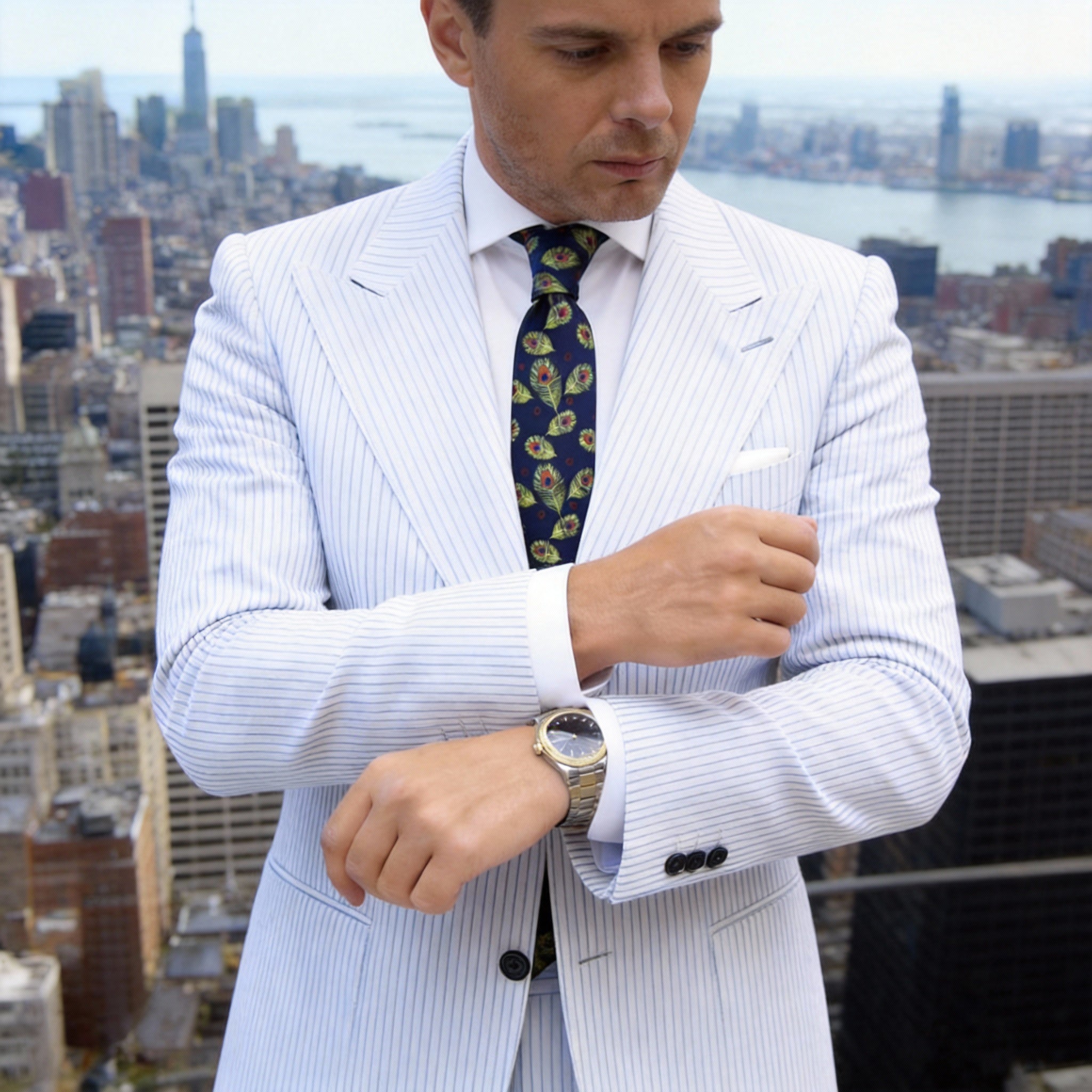 Navy With Green Peacock Feather Necktie