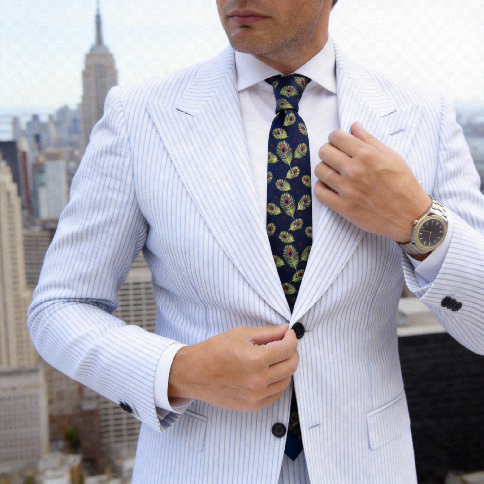 Navy With Green Peacock Feather Necktie