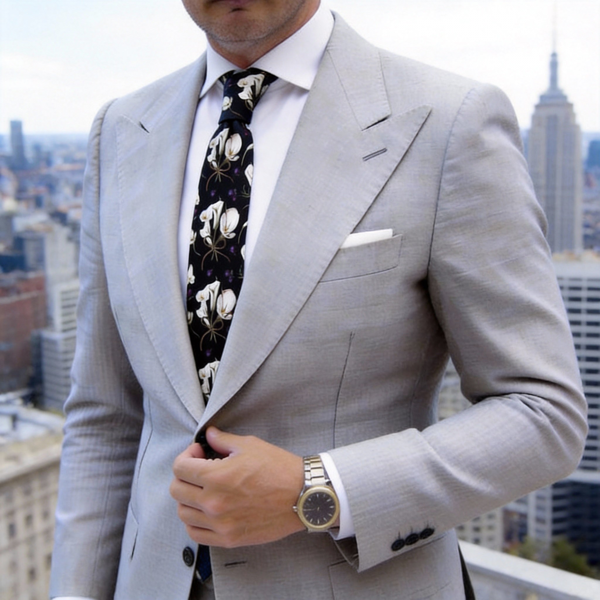 Black With White Floral Necktie