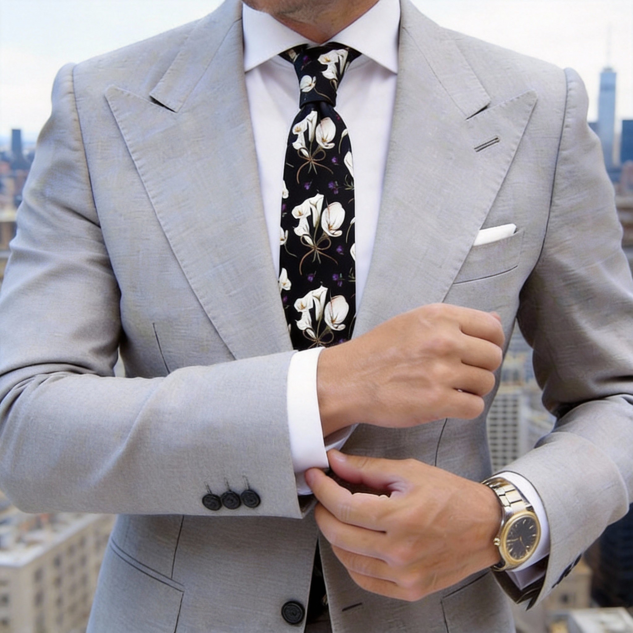 Black With White Floral Necktie