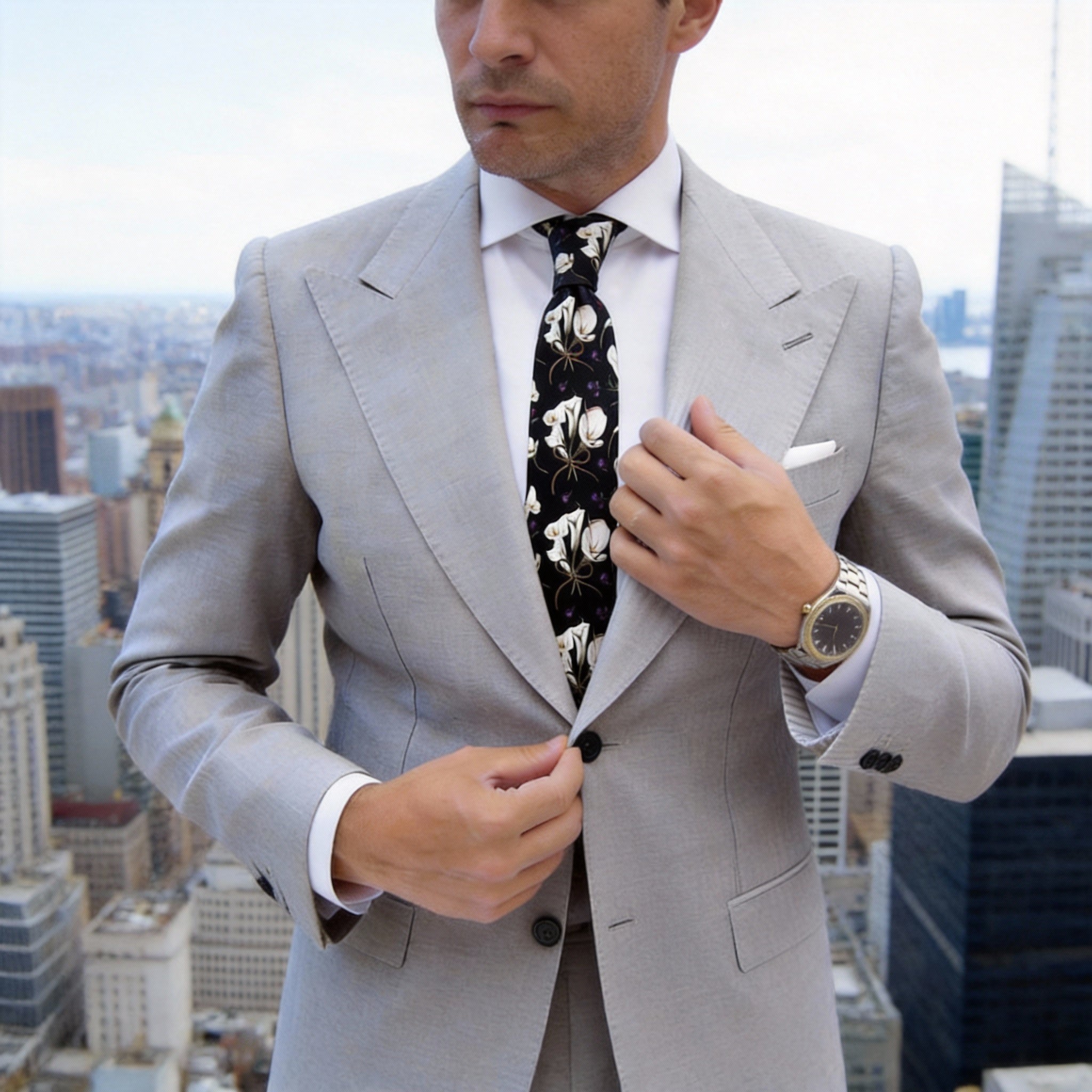 Black With White Floral Necktie