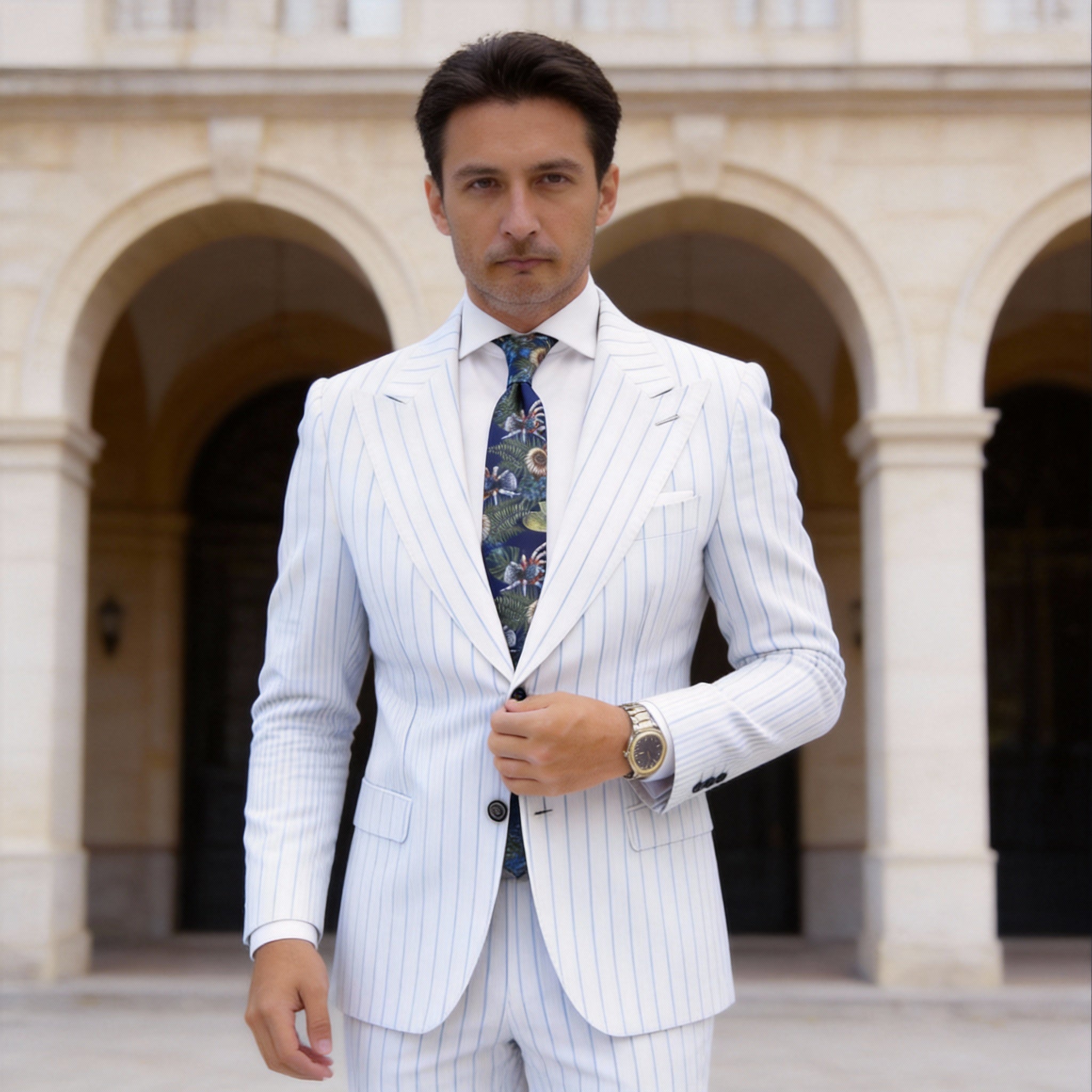 Navy Blue With Green Spider Fern Shell Necktie