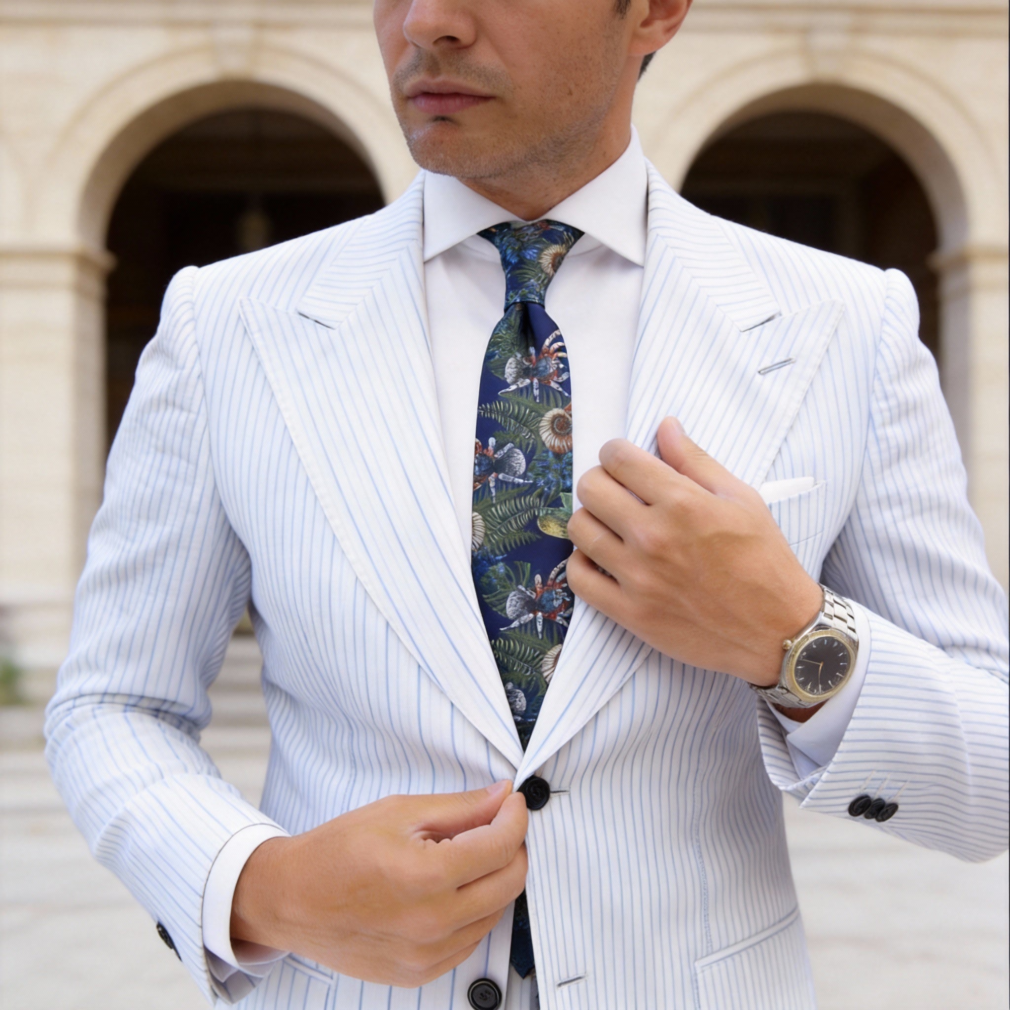 Navy Blue With Green Spider Fern Shell Necktie