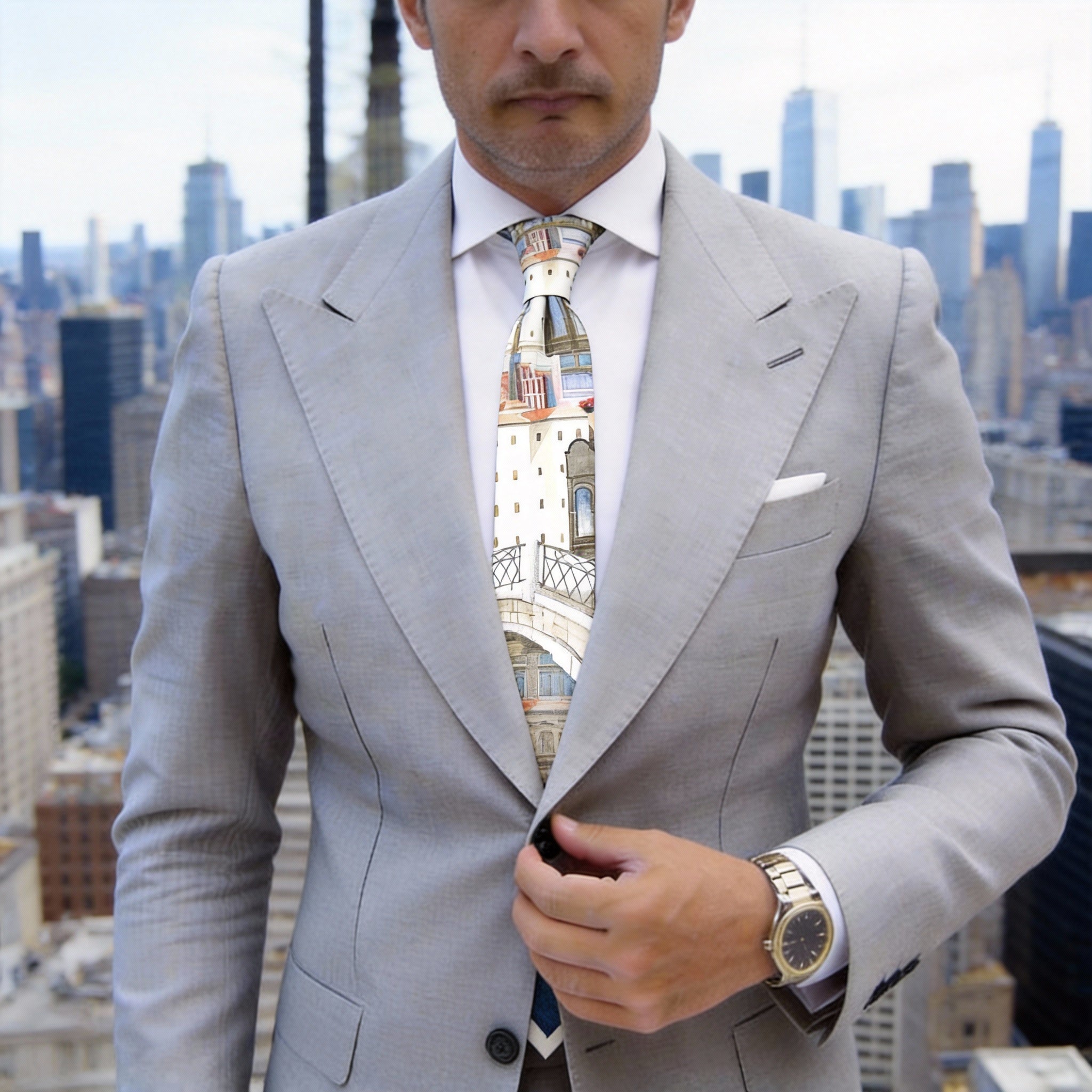 Blue-Gray With Beige Townscape Necktie