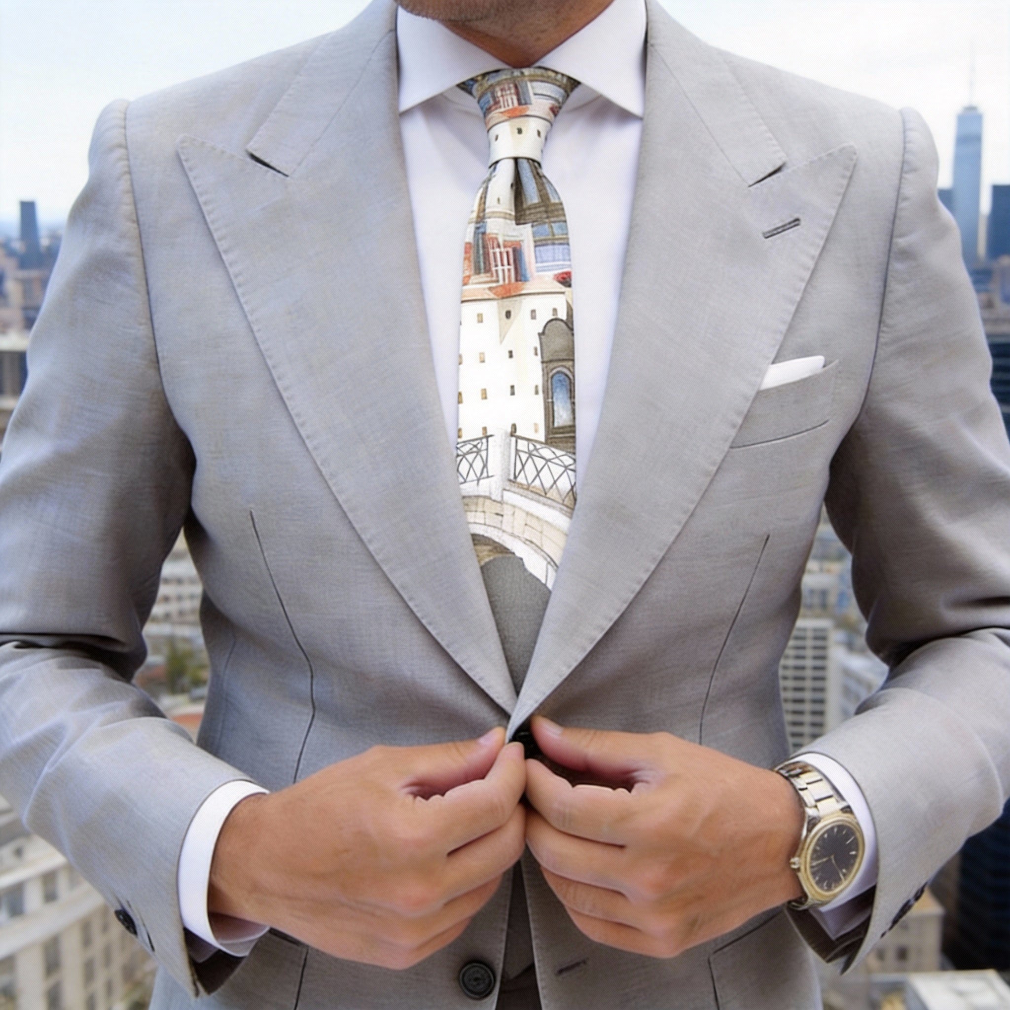 Blue-Gray With Beige Townscape Necktie
