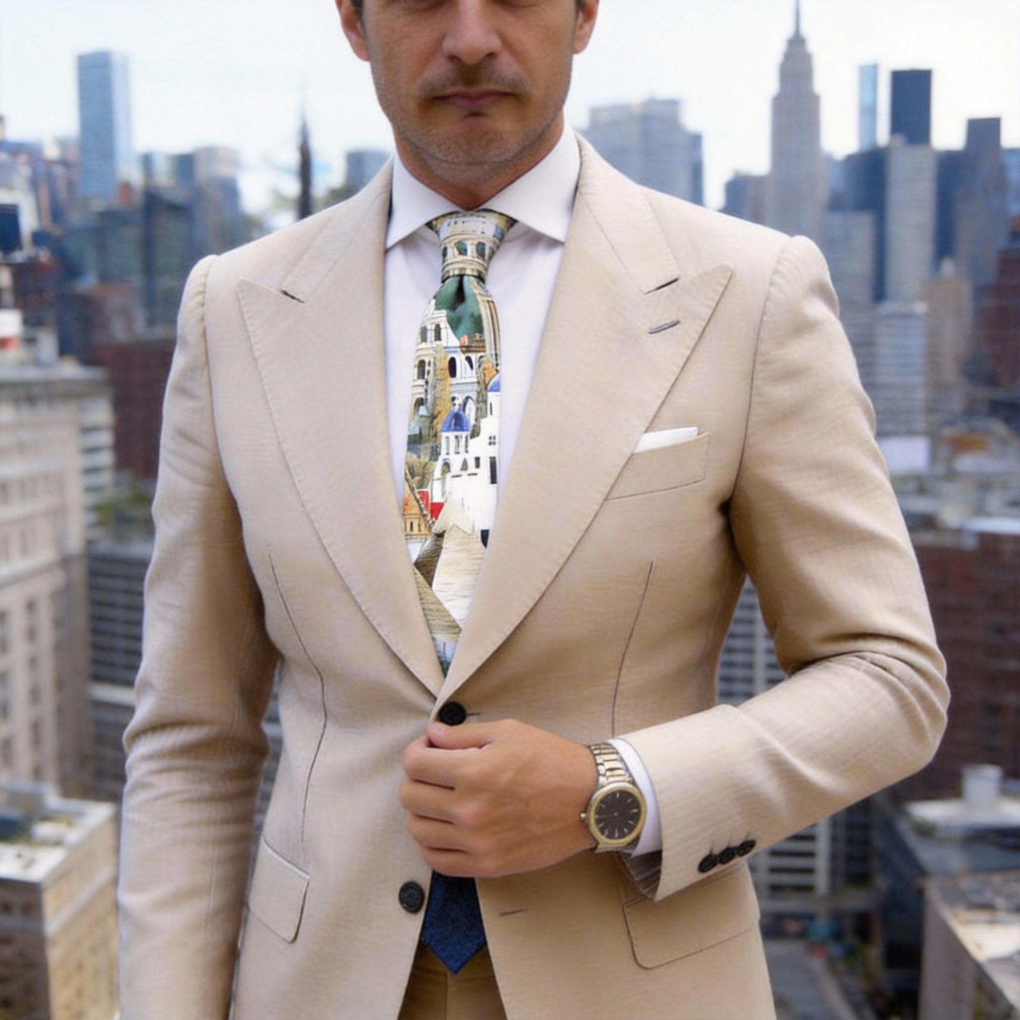 Beige with Multicolor Architectural Landmarks Necktie