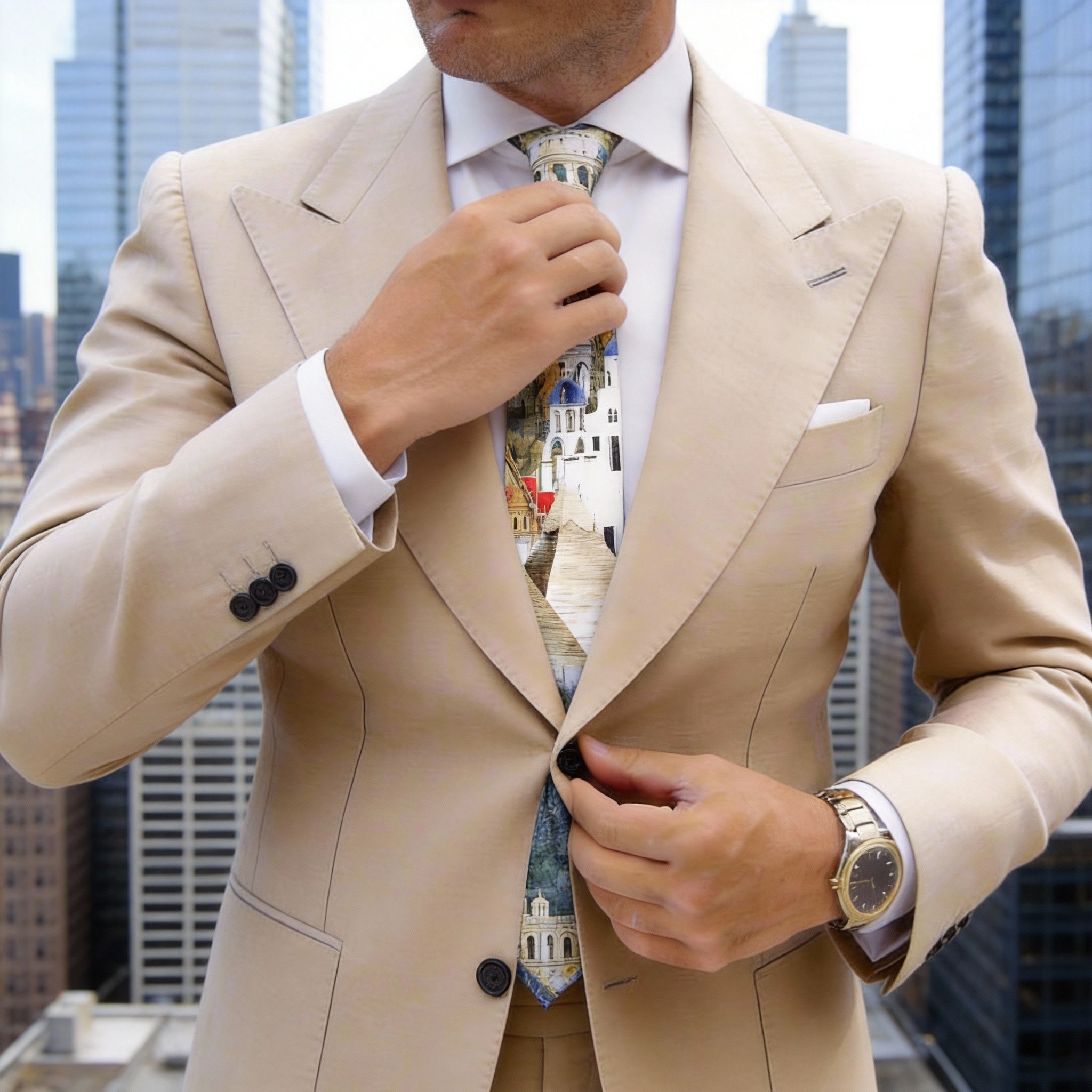 Beige with Multicolor Architectural Landmarks Necktie