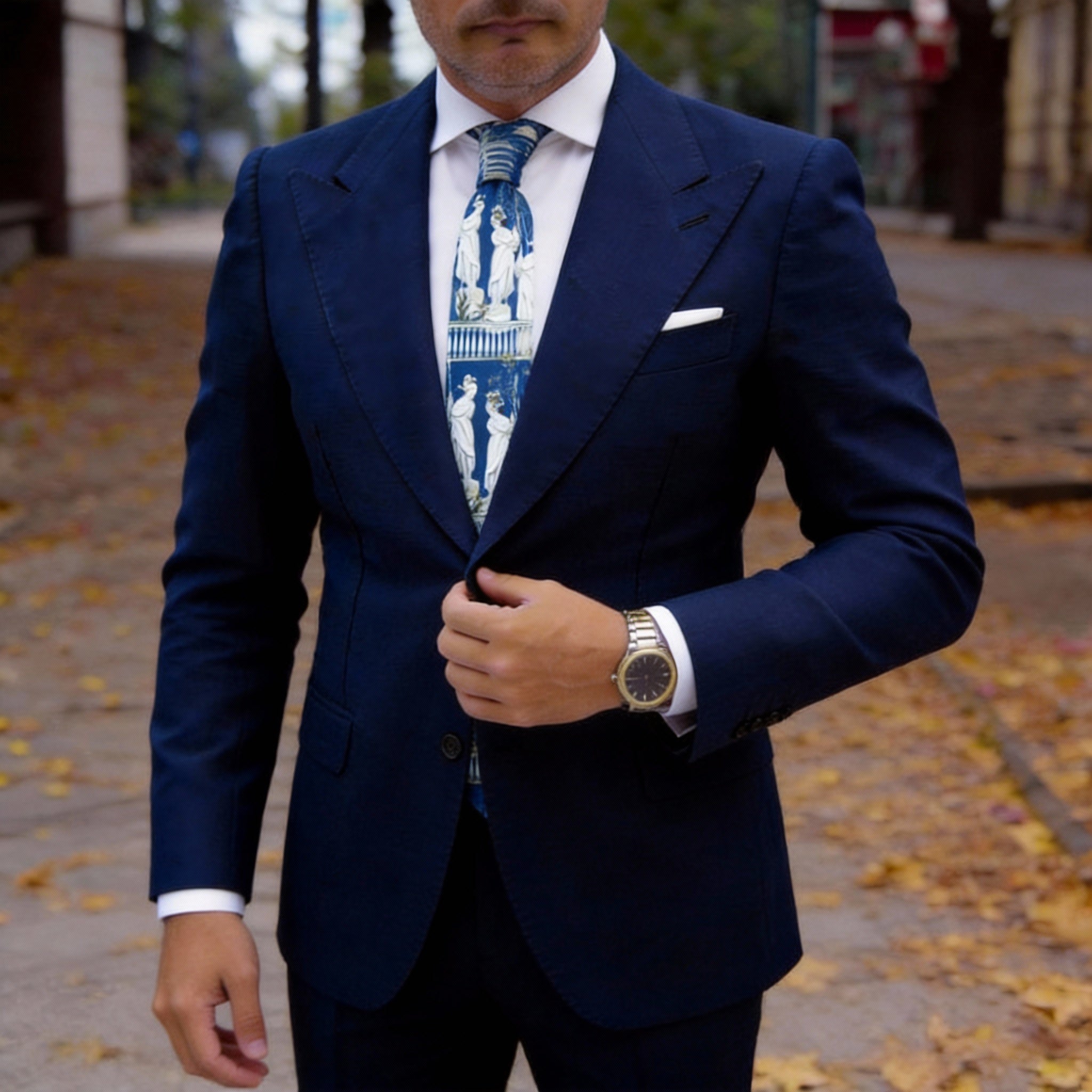 Blue With White Classical Statues Necktie