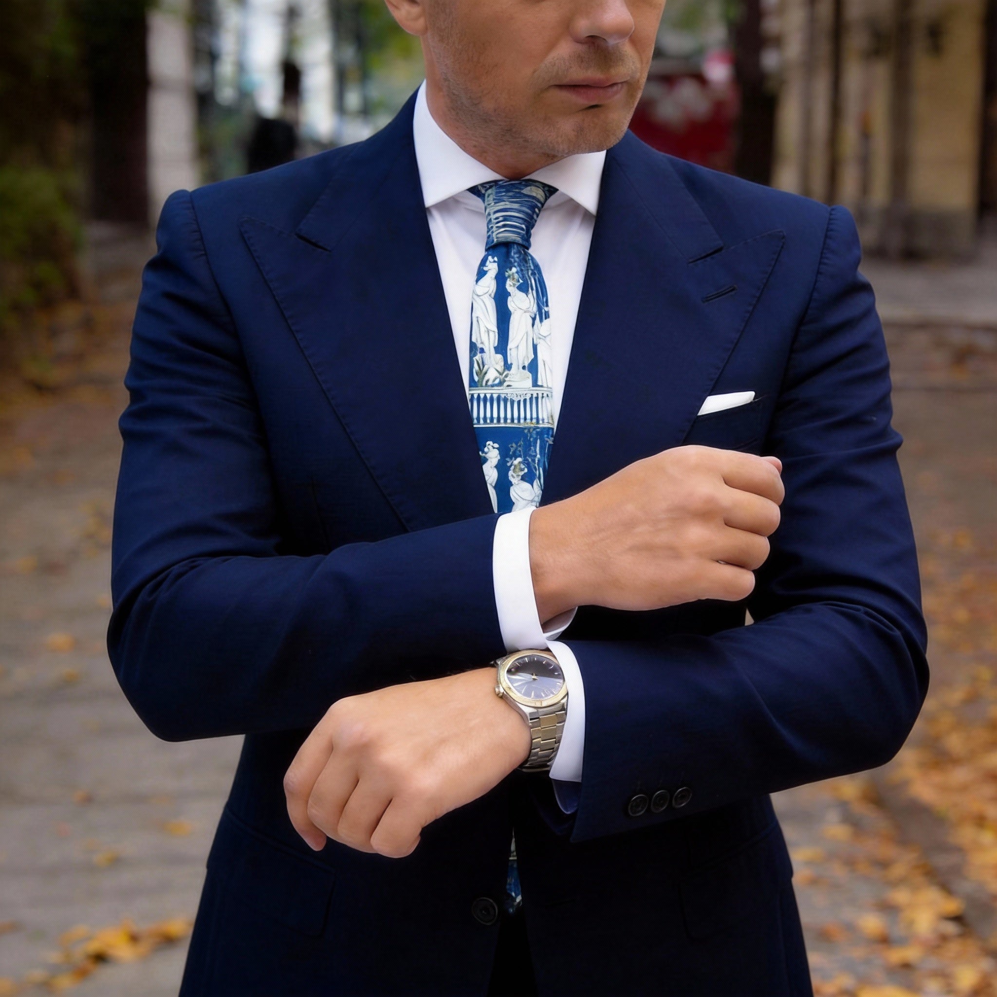 Blue With White Classical Statues Necktie