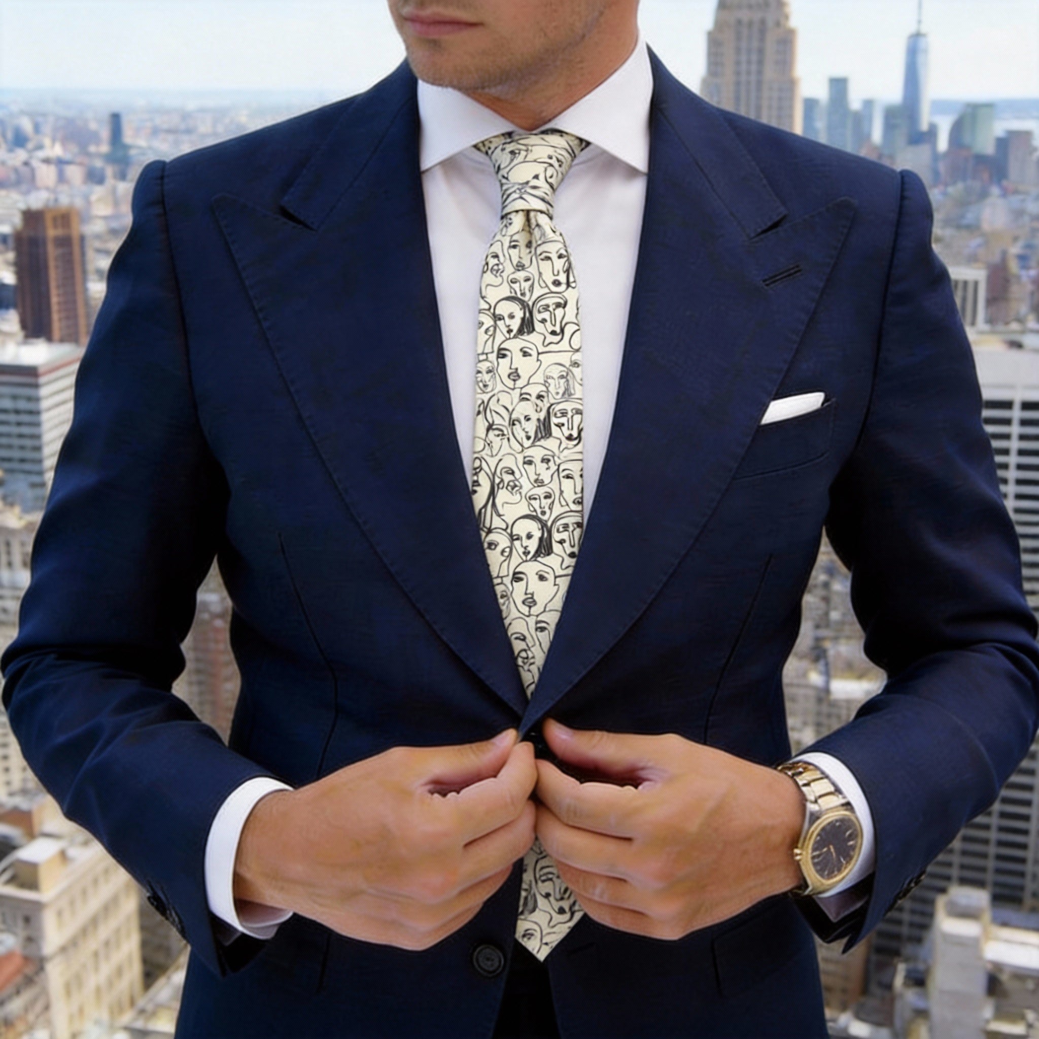 Beige Necktie With Black Abstract Faces