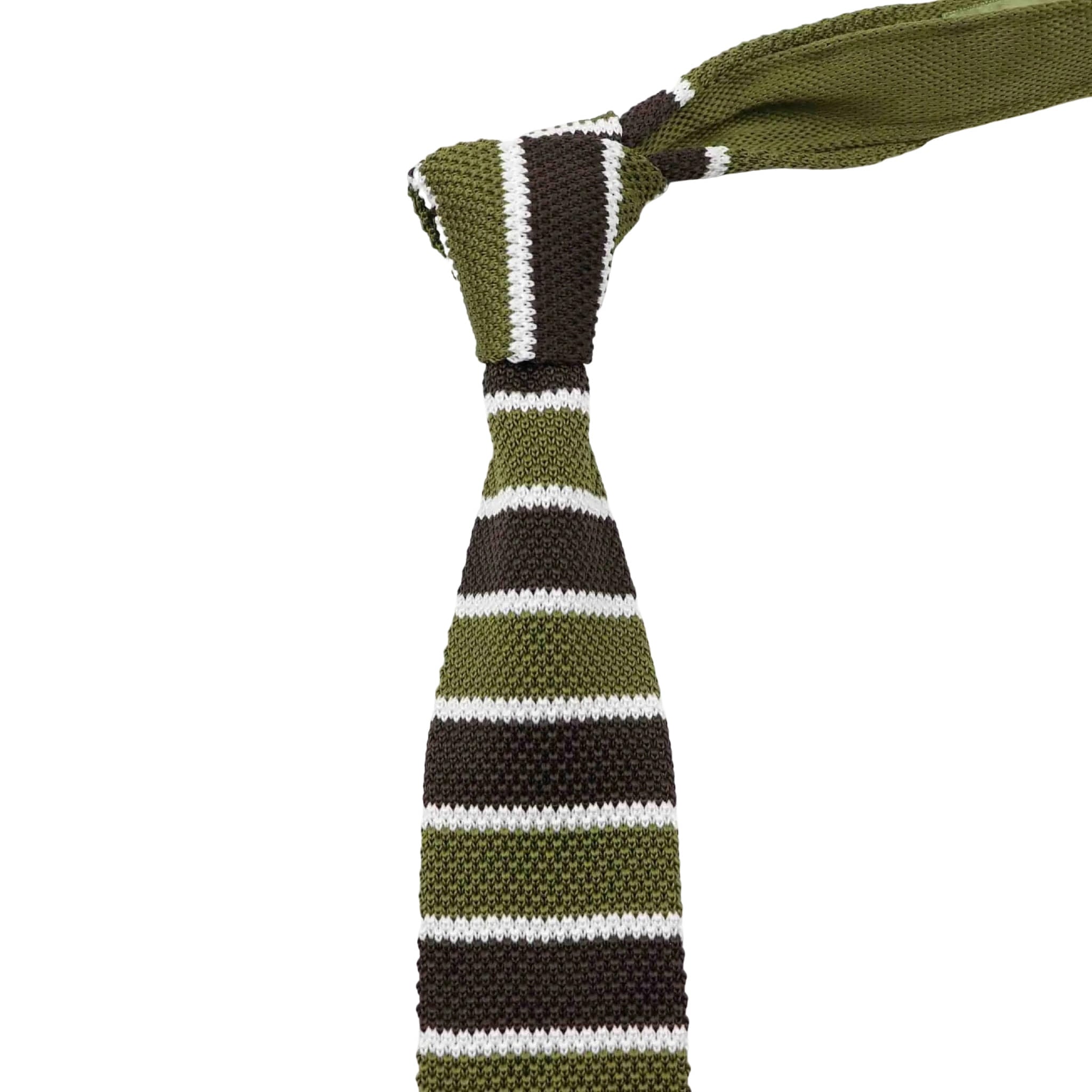 Olive Green Brown White Striped Knitted Tie