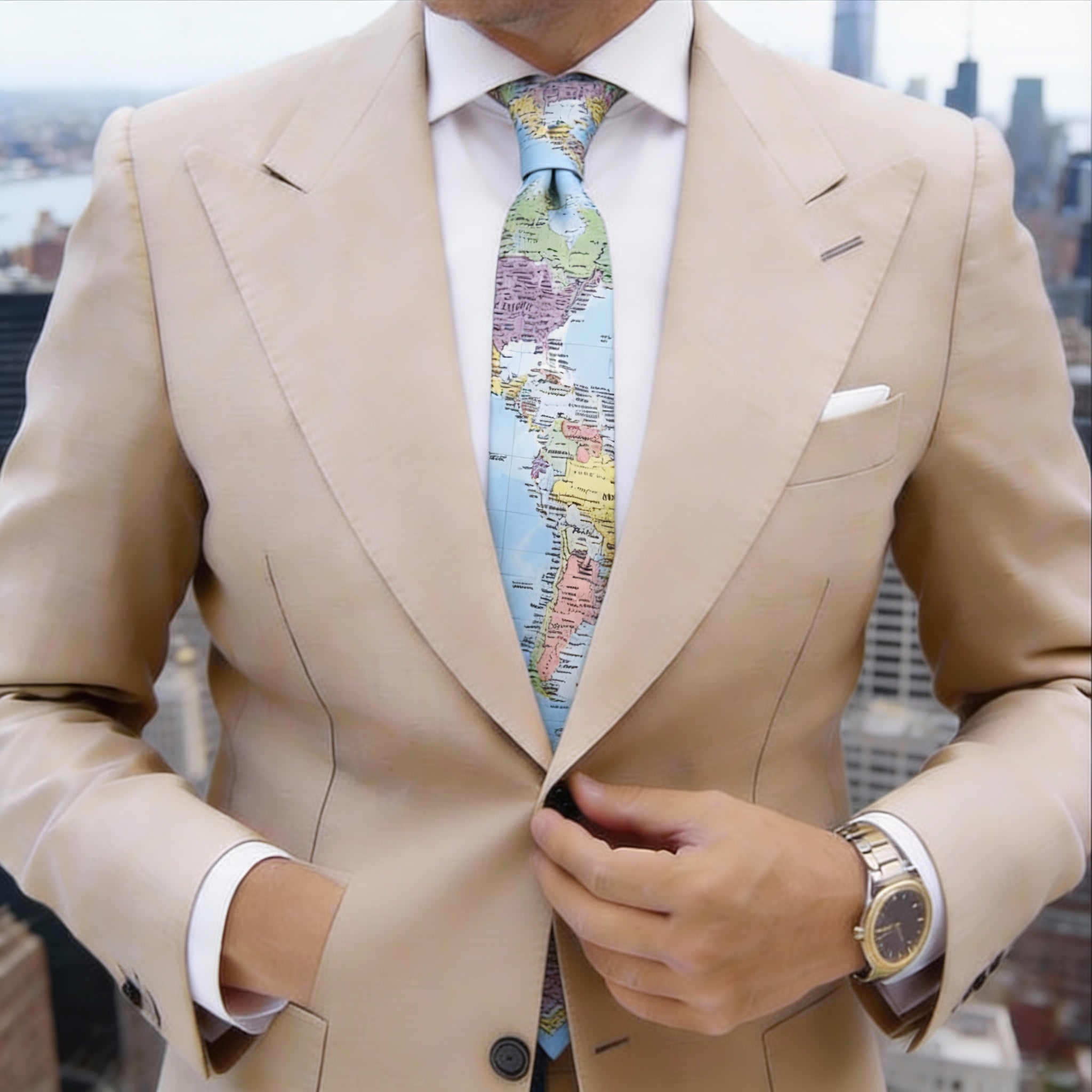 Light Blue With Multicolor World Map Necktie