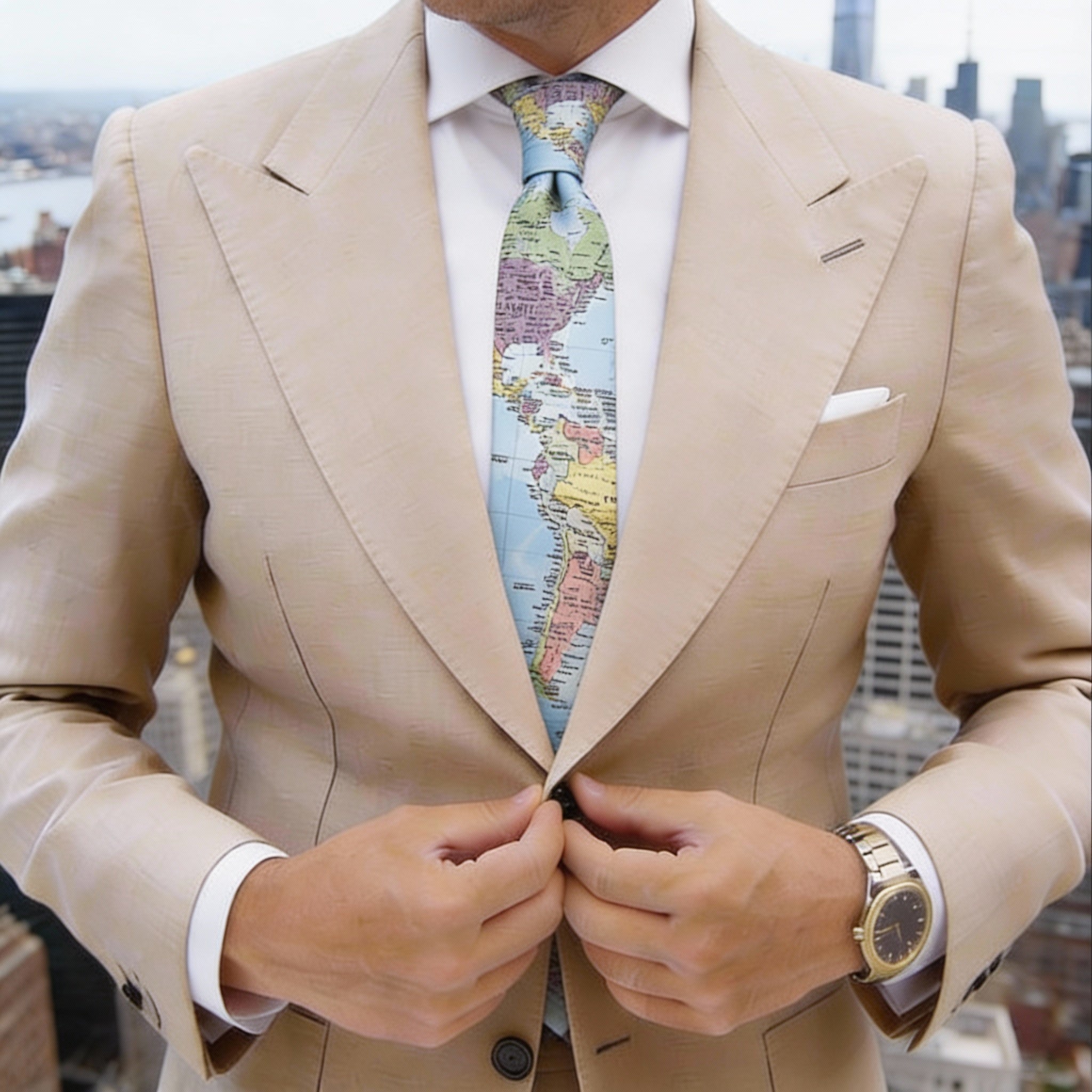 Light Blue With Multicolor World Map Necktie