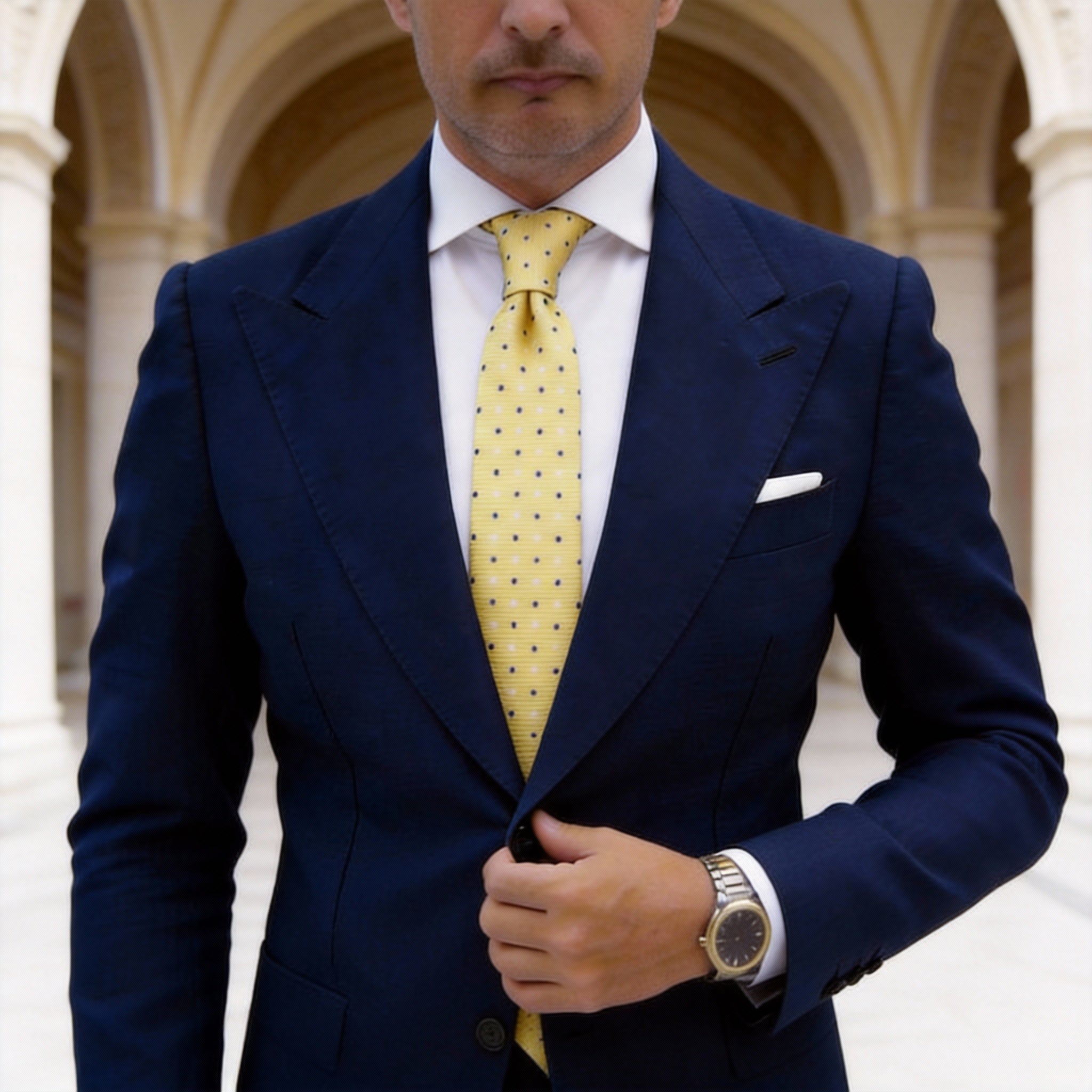 Yellow With White Dark Blue Polka Dots Necktie