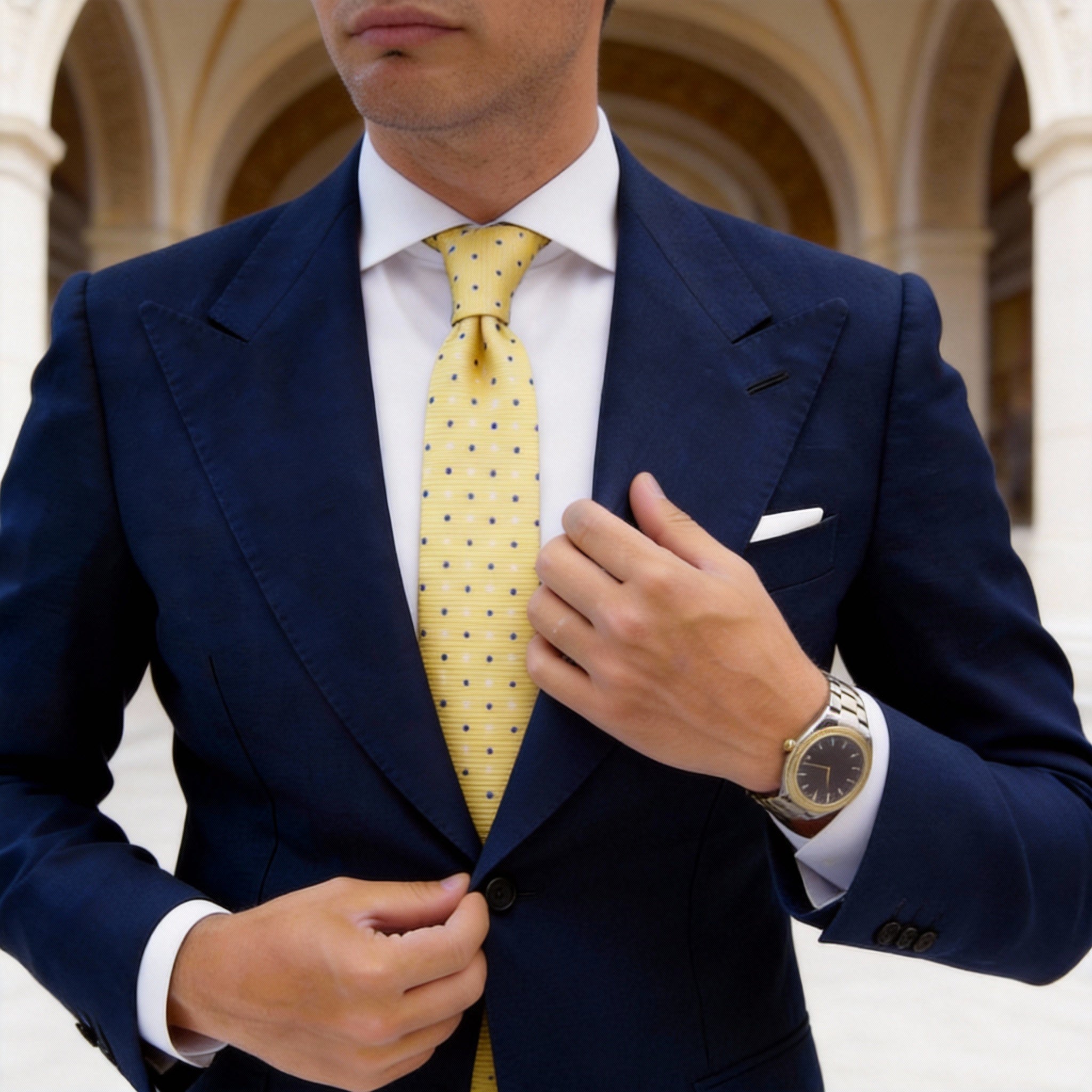 Yellow With White Dark Blue Polka Dots Necktie
