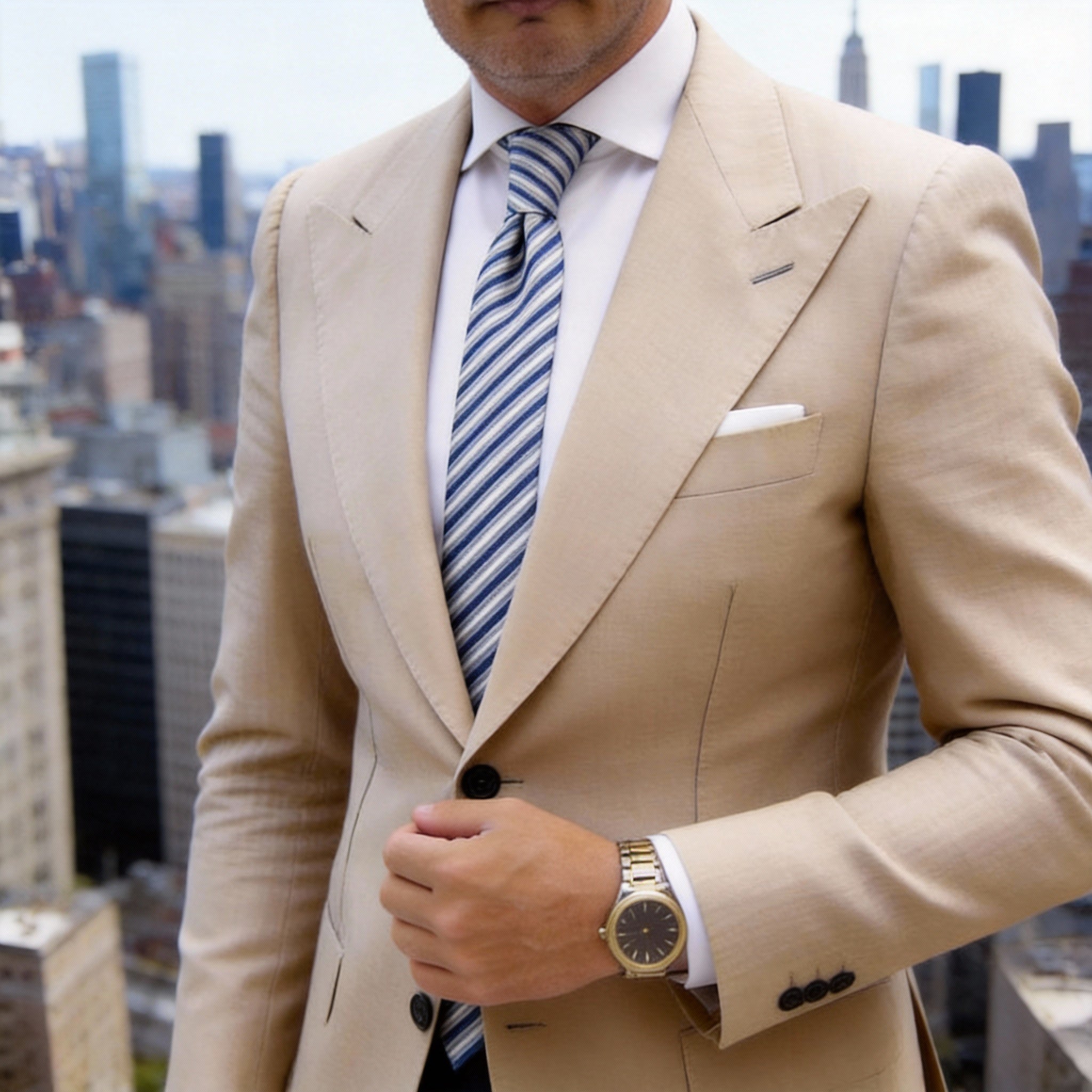 White With Blue And Gray Striped Necktie