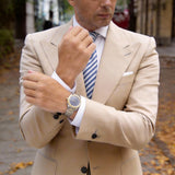 White With Blue And Gray Striped Necktie