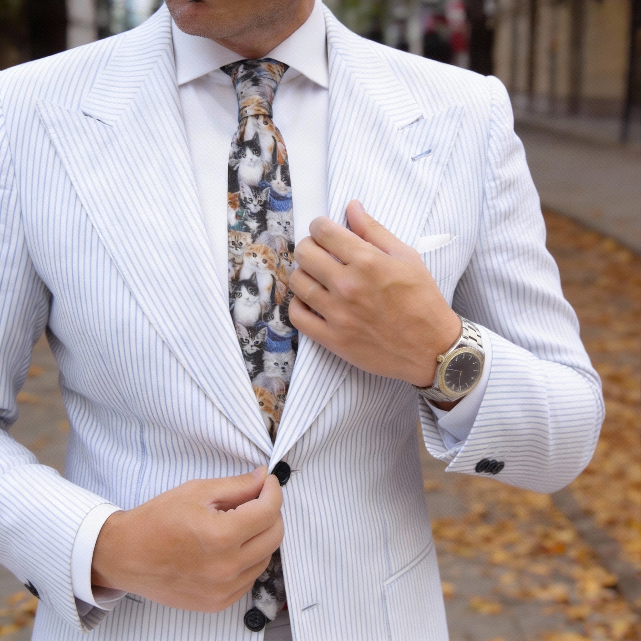 White With Multicolor Cats Necktie