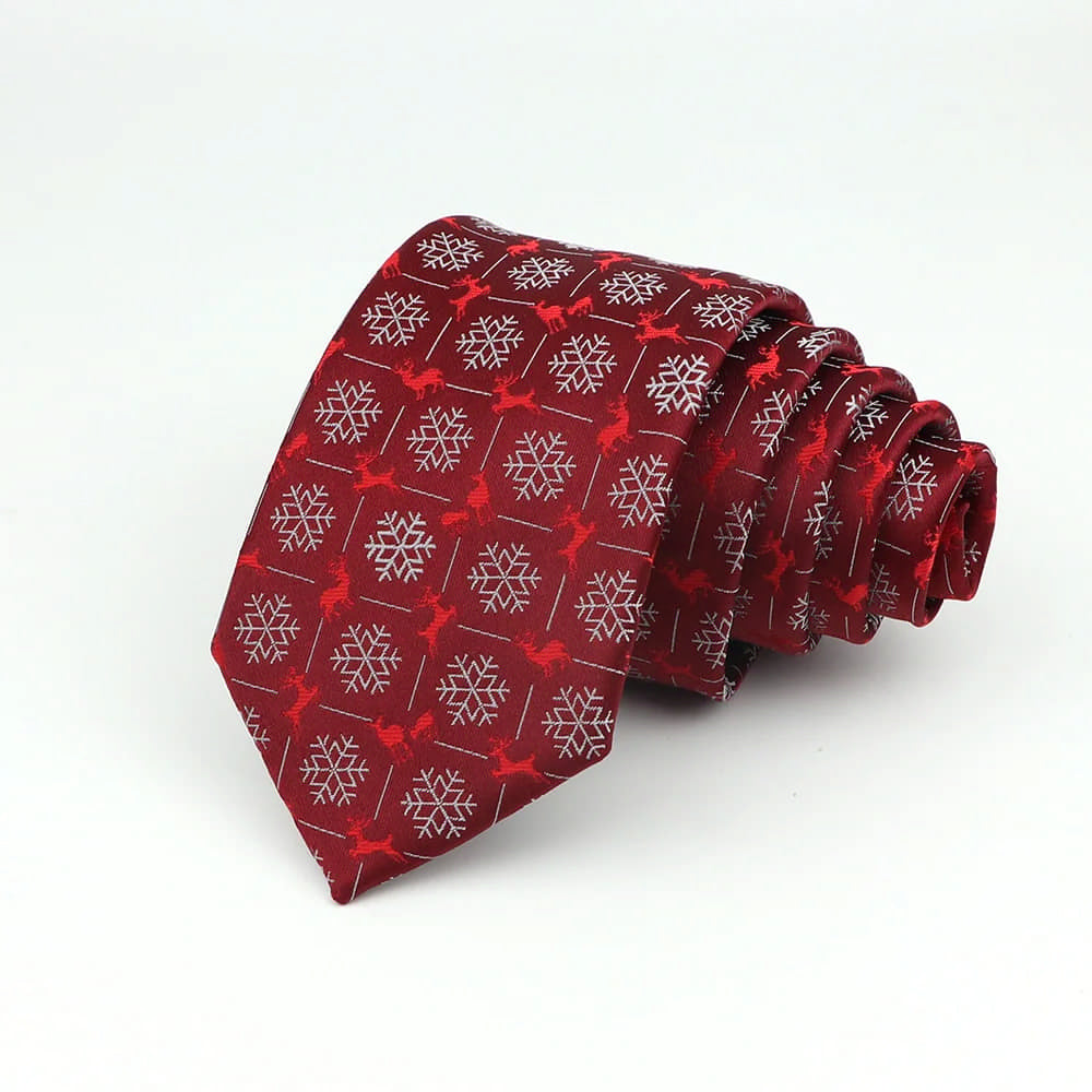 Burgundy With Red Reindeer And White Snowflake Necktie