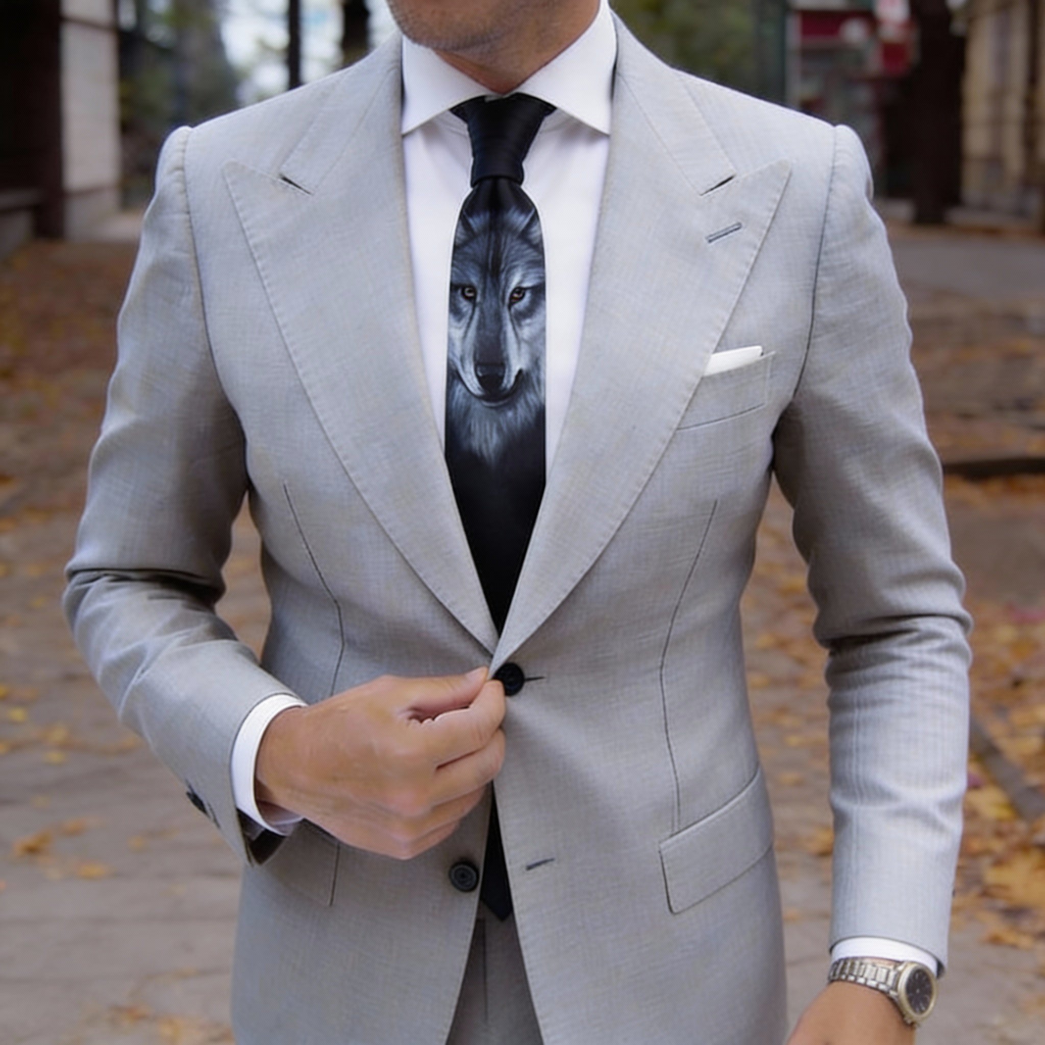 Black With Gray Wolf Head Necktie