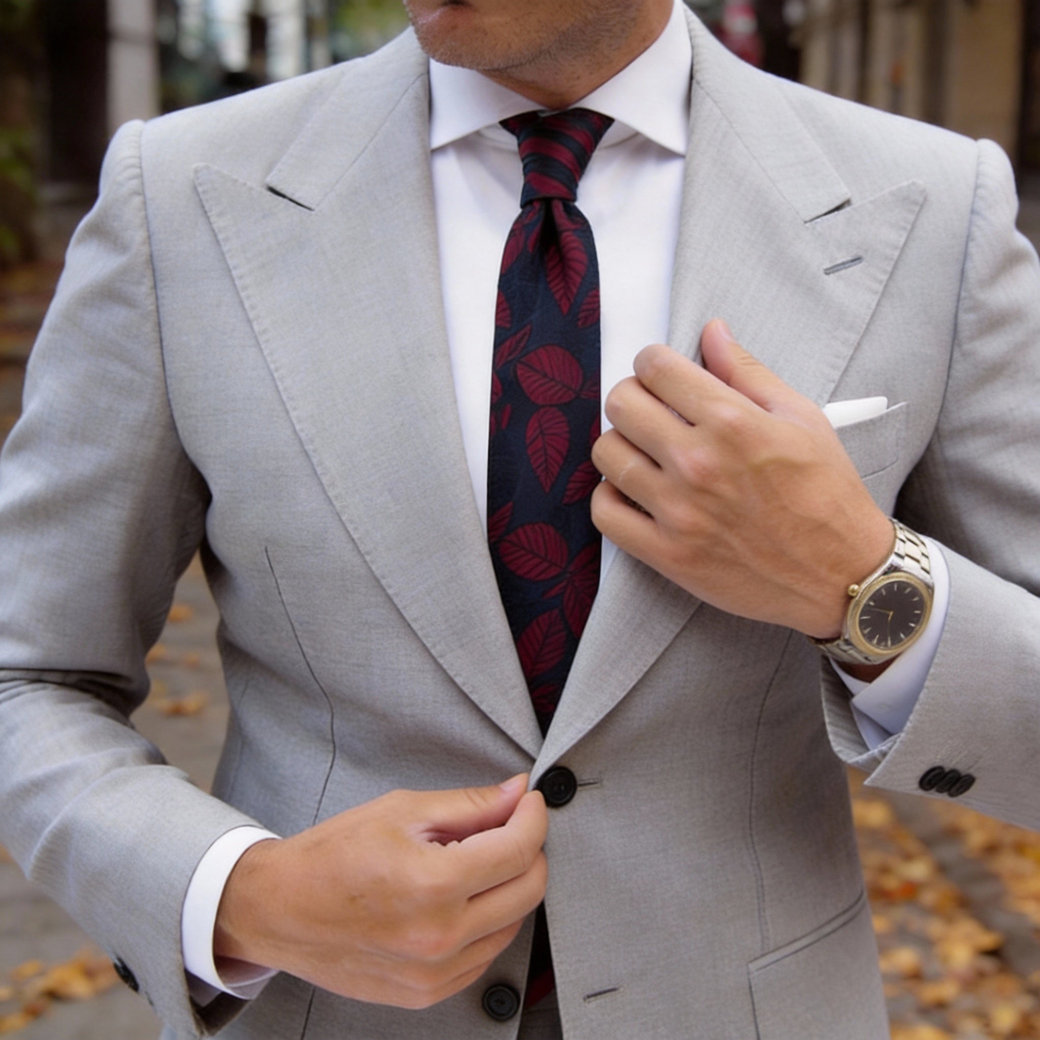 Navy Blue With Red Leaves Necktie