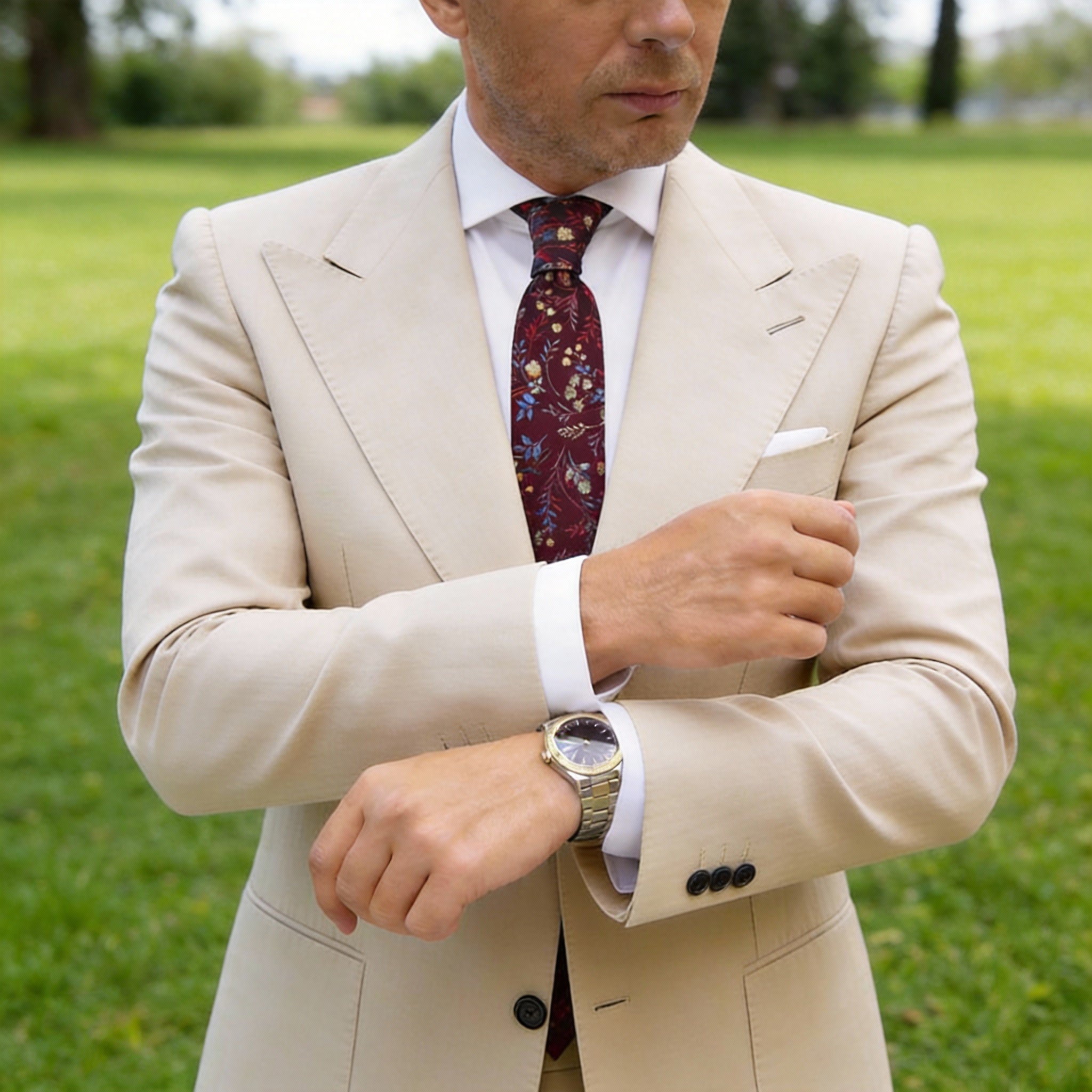 Dark Red With Multicolor Floral Necktie