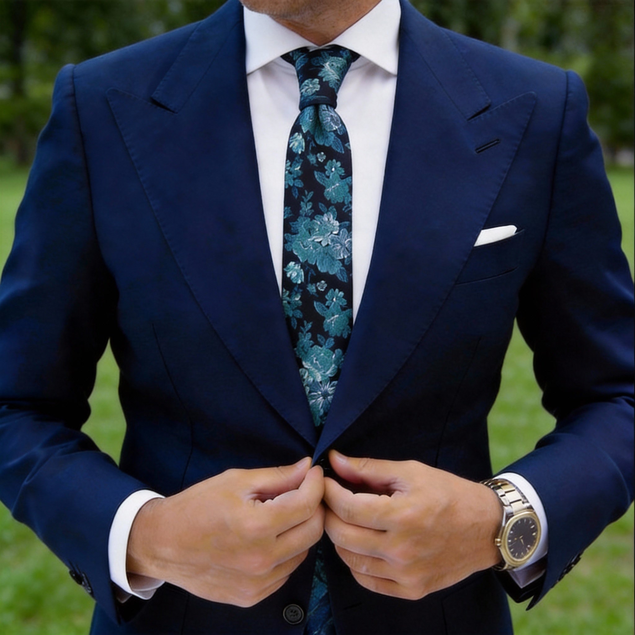 Black With Teal And White Floral Necktie