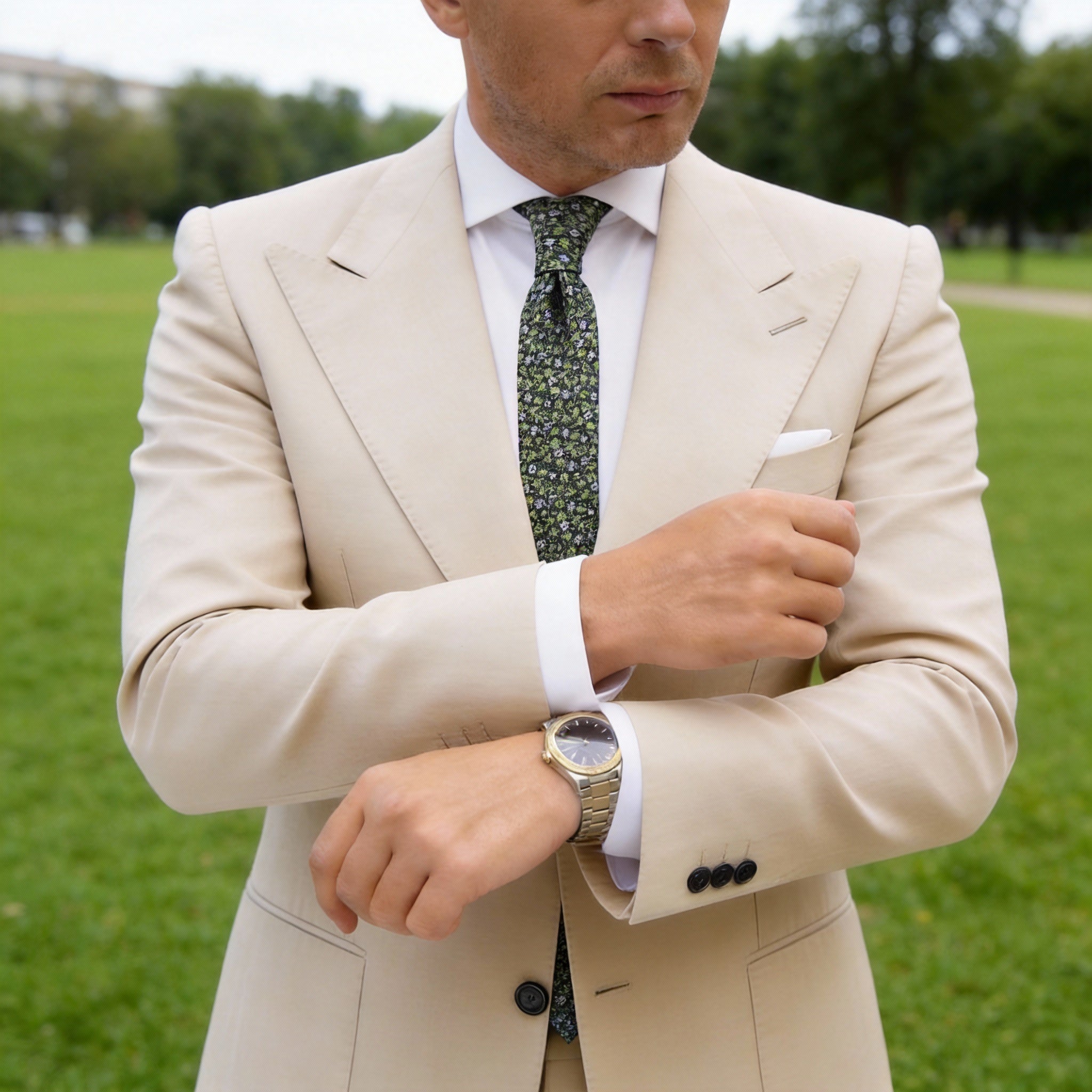 Black With Green White Floral Necktie