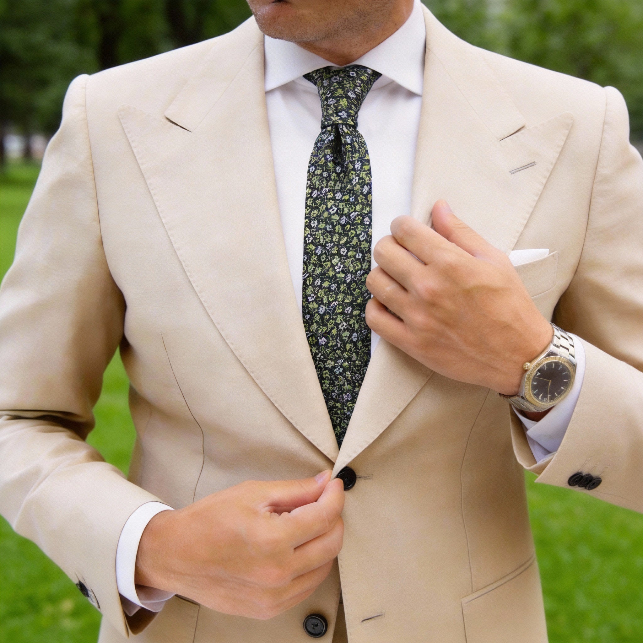 Black With Green White Floral Necktie