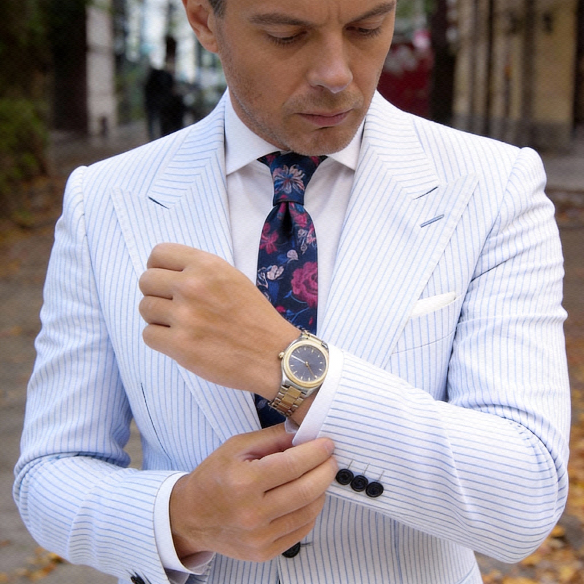 Dark Blue With Pink Floral Necktie