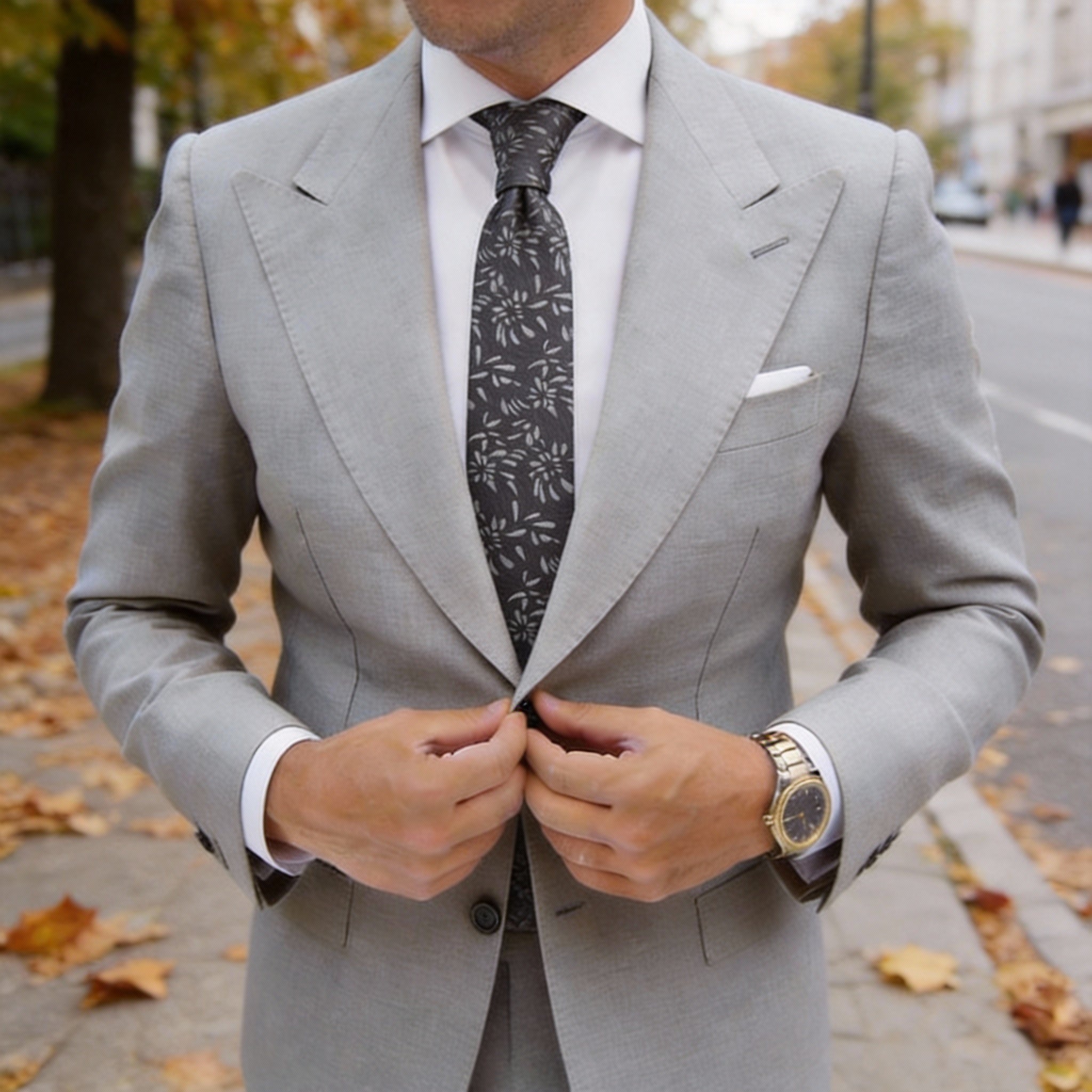 Dark Gray With Light Gray Floral Necktie
