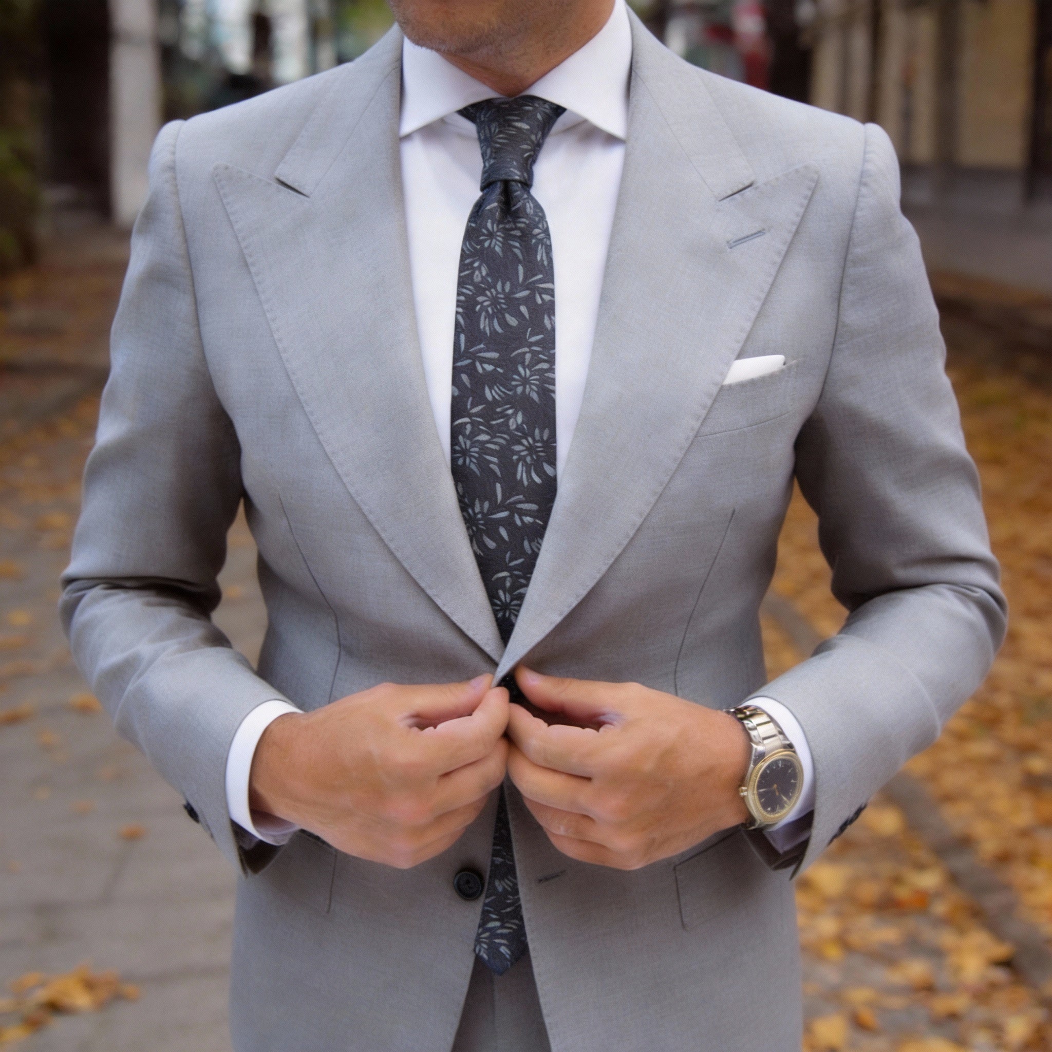 Dark Gray With Light Gray Floral Necktie