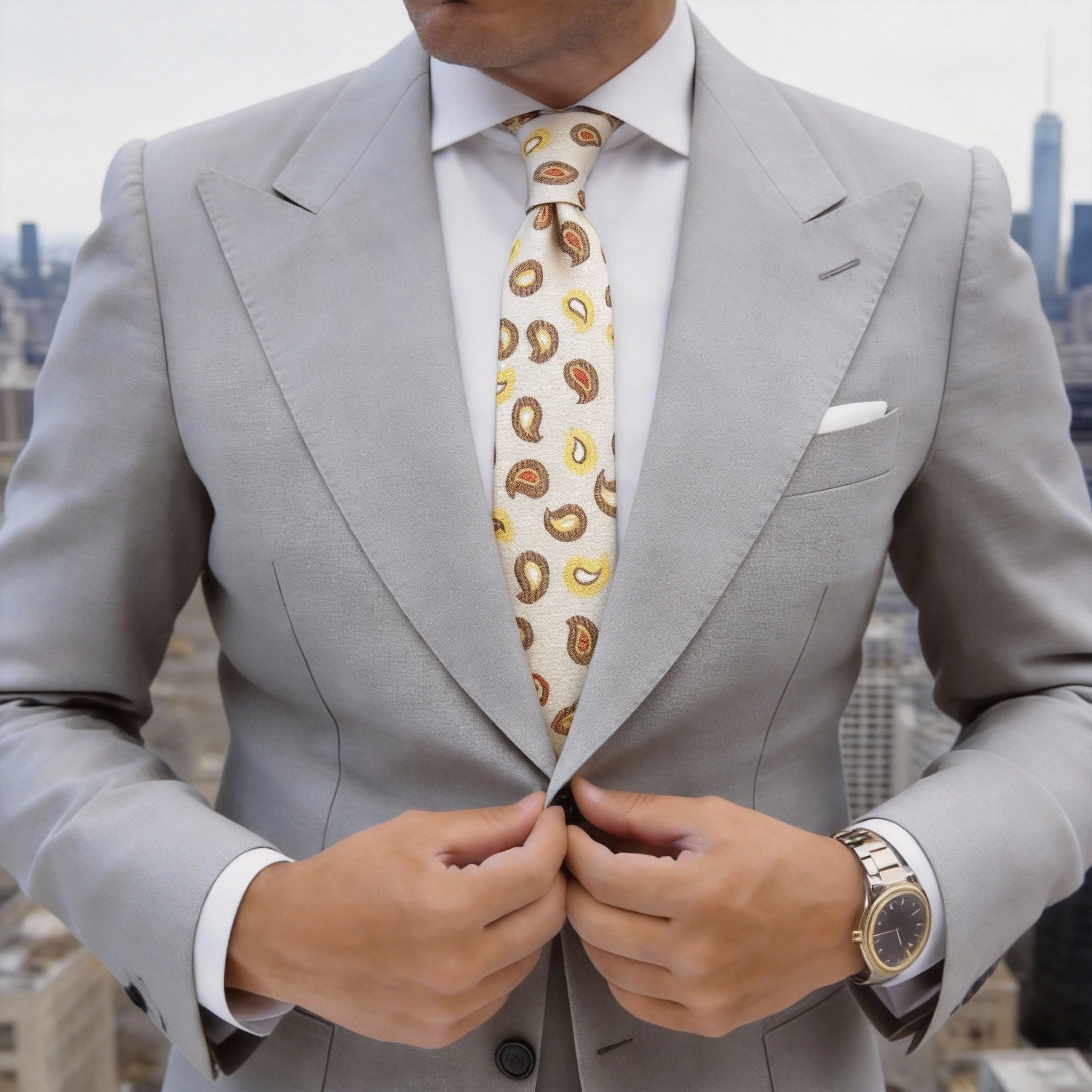 Beige Necktie With Brown And Yellow Paisley Pattern