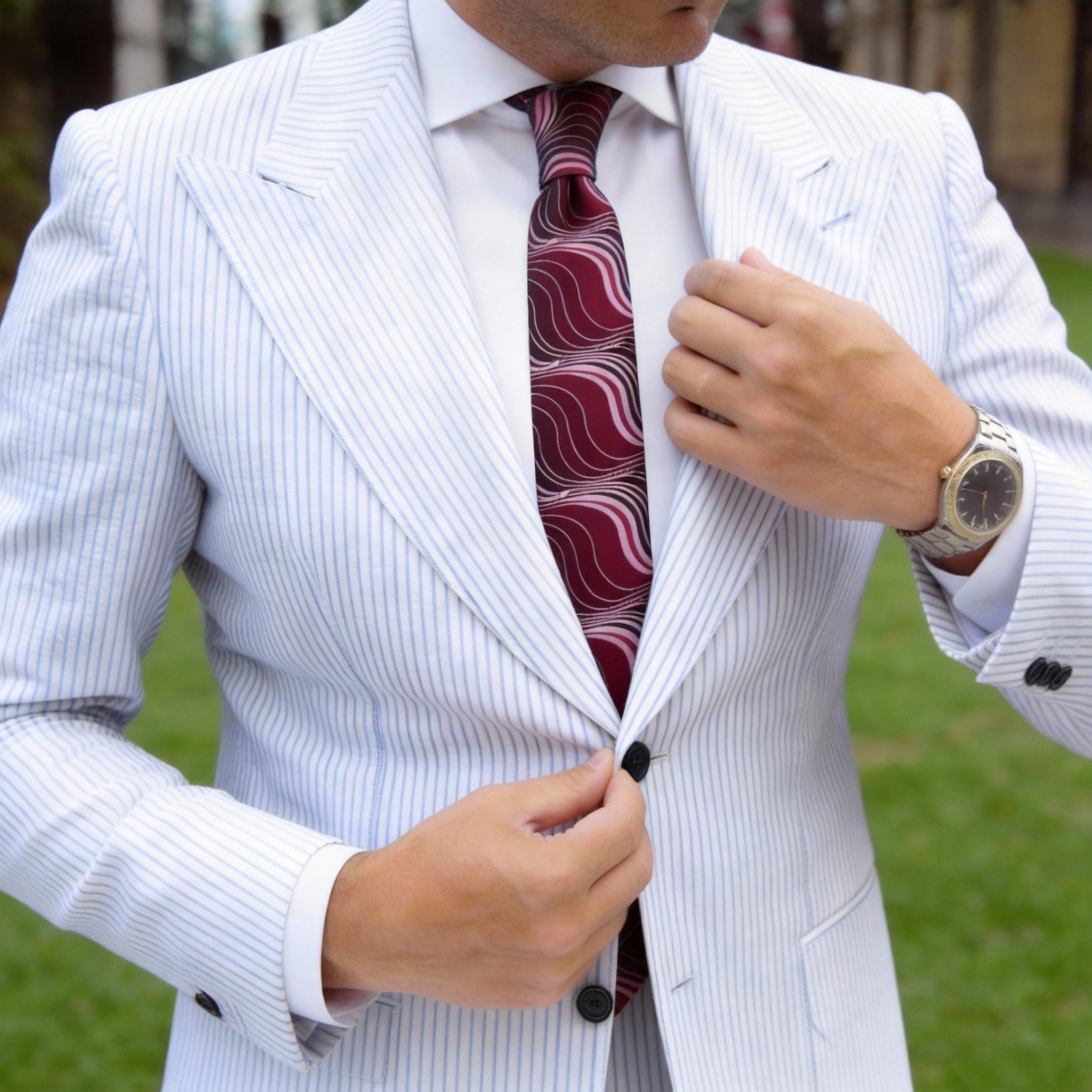 Red With Pink And Black Wavy Stripes Necktie