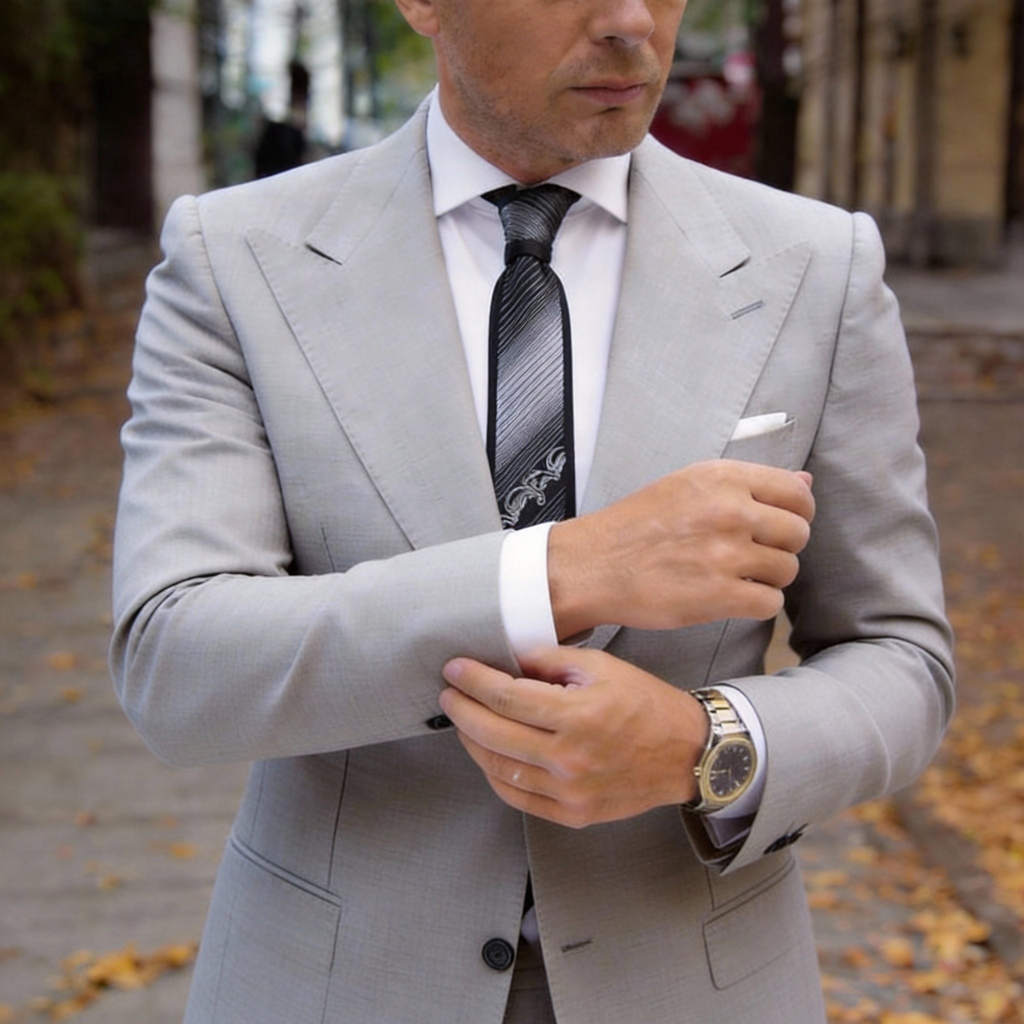 Black With White Striped Scroll Necktie