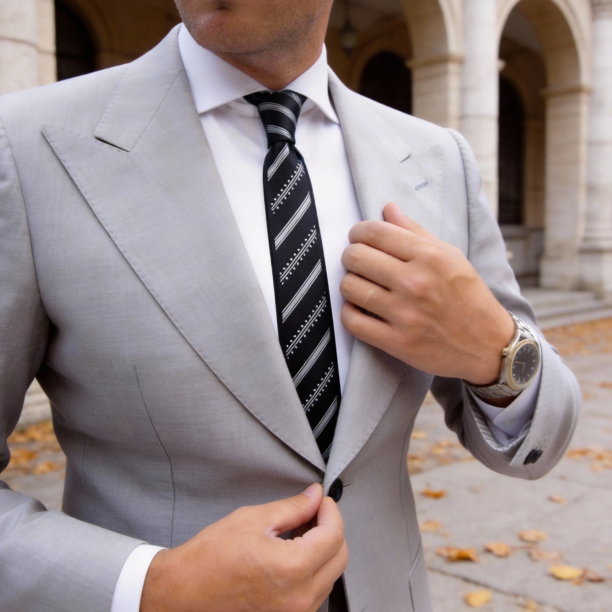 Black With White Dotted Diagonal Stripes Necktie