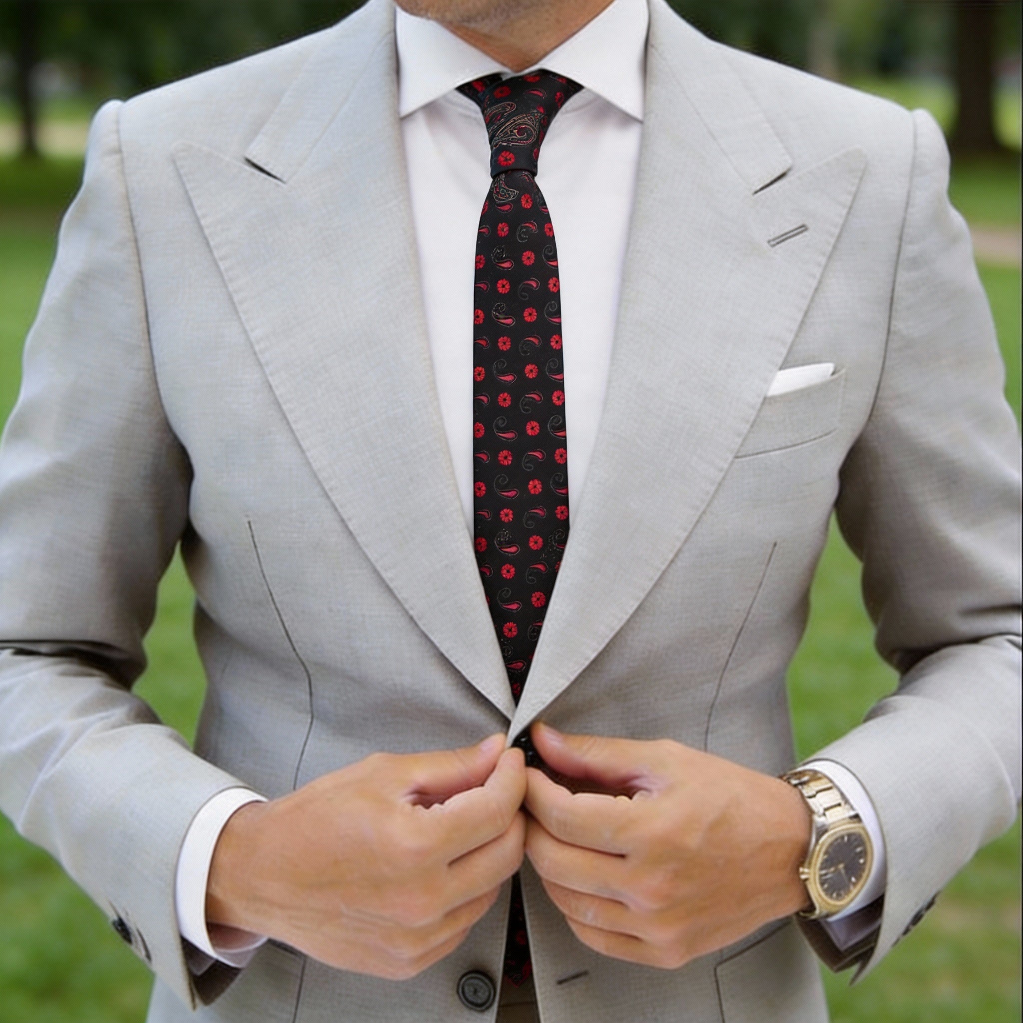Black Necktie With Red Floral Paisley