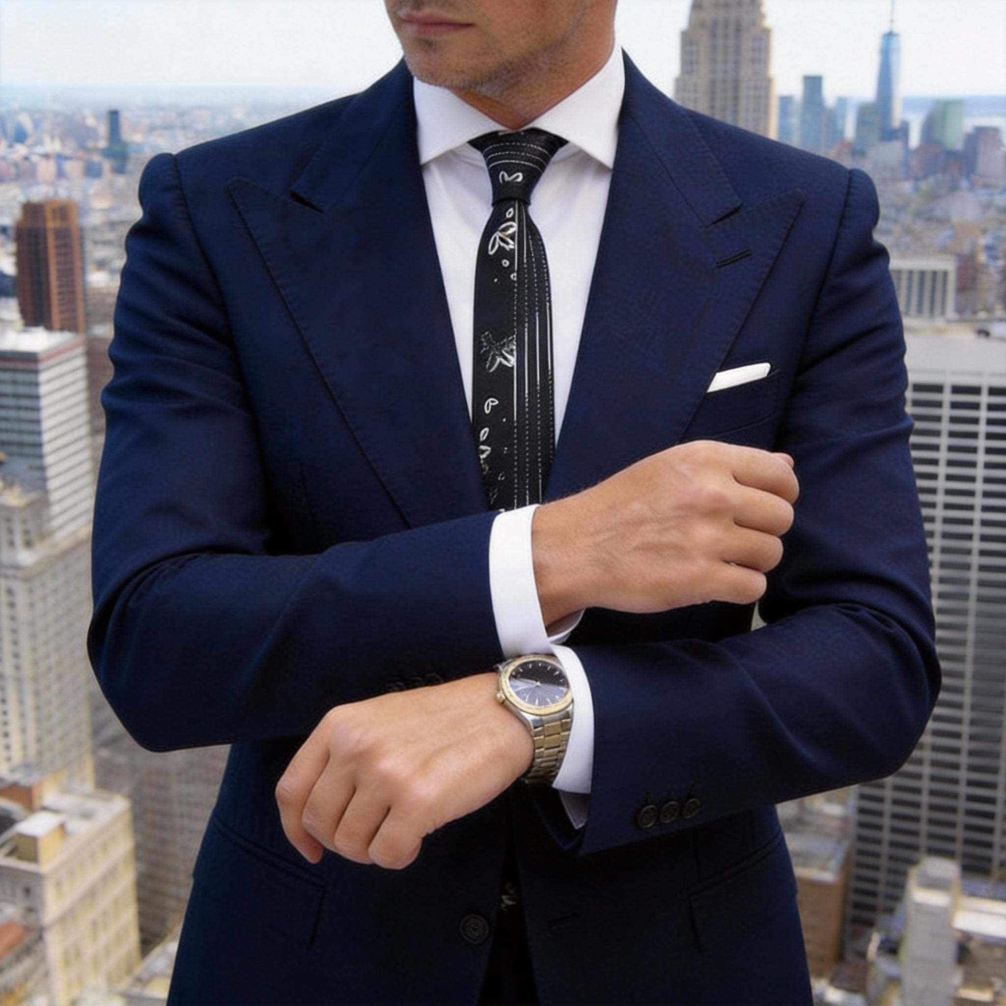 Black With White Floral & Stripes Necktie