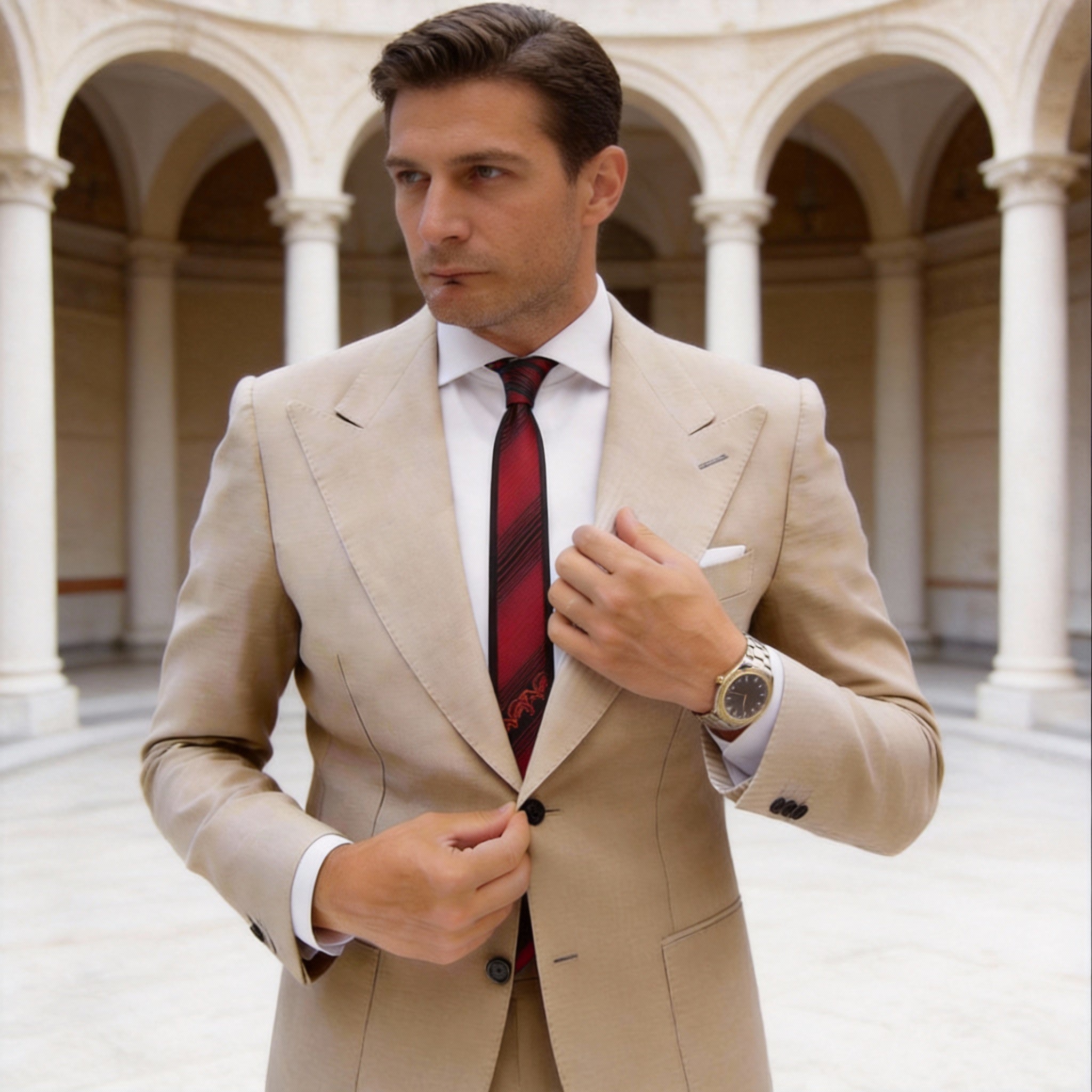 Red Necktie With Black Stripes & Red Motifs