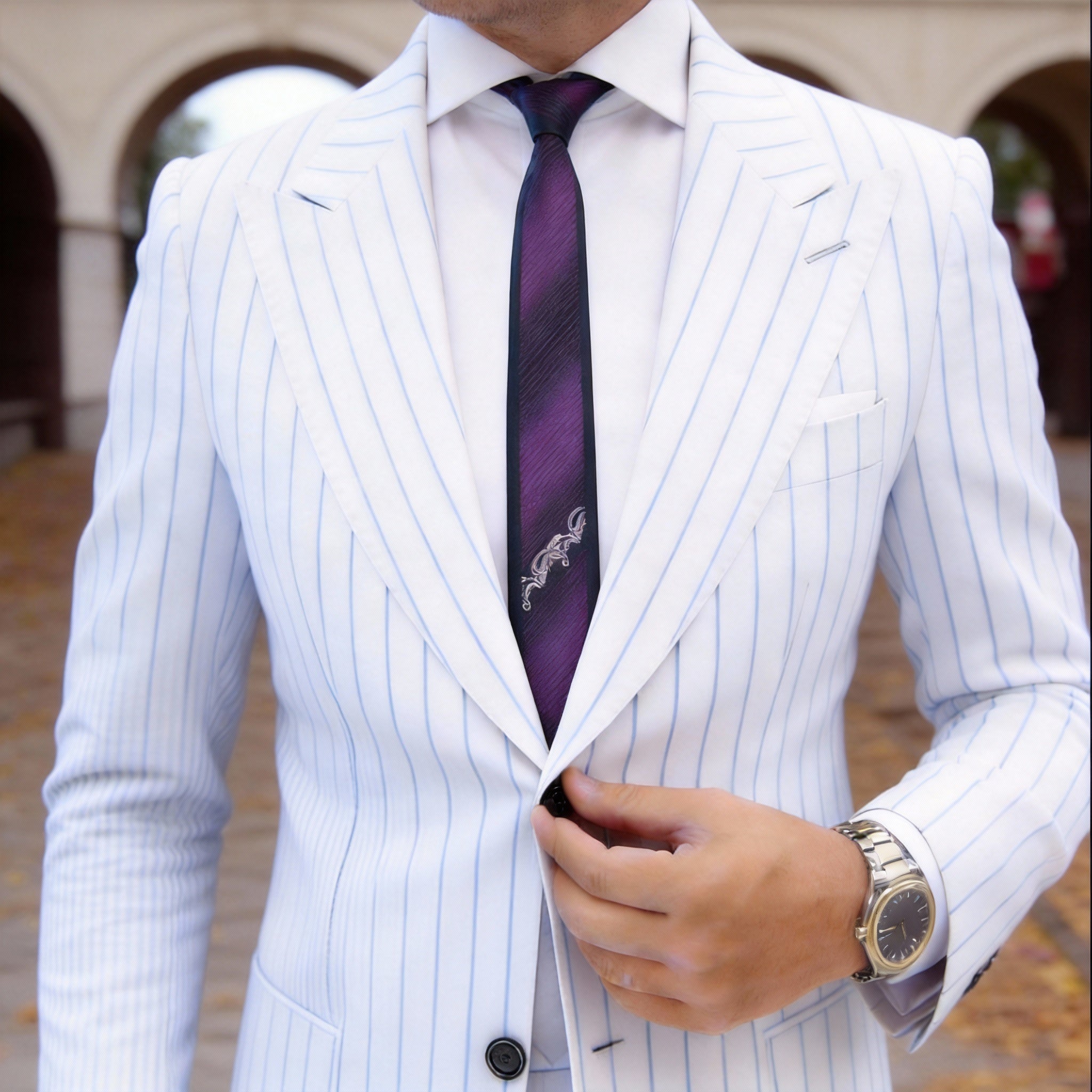 Purple With Black Stripes & White Scroll Necktie