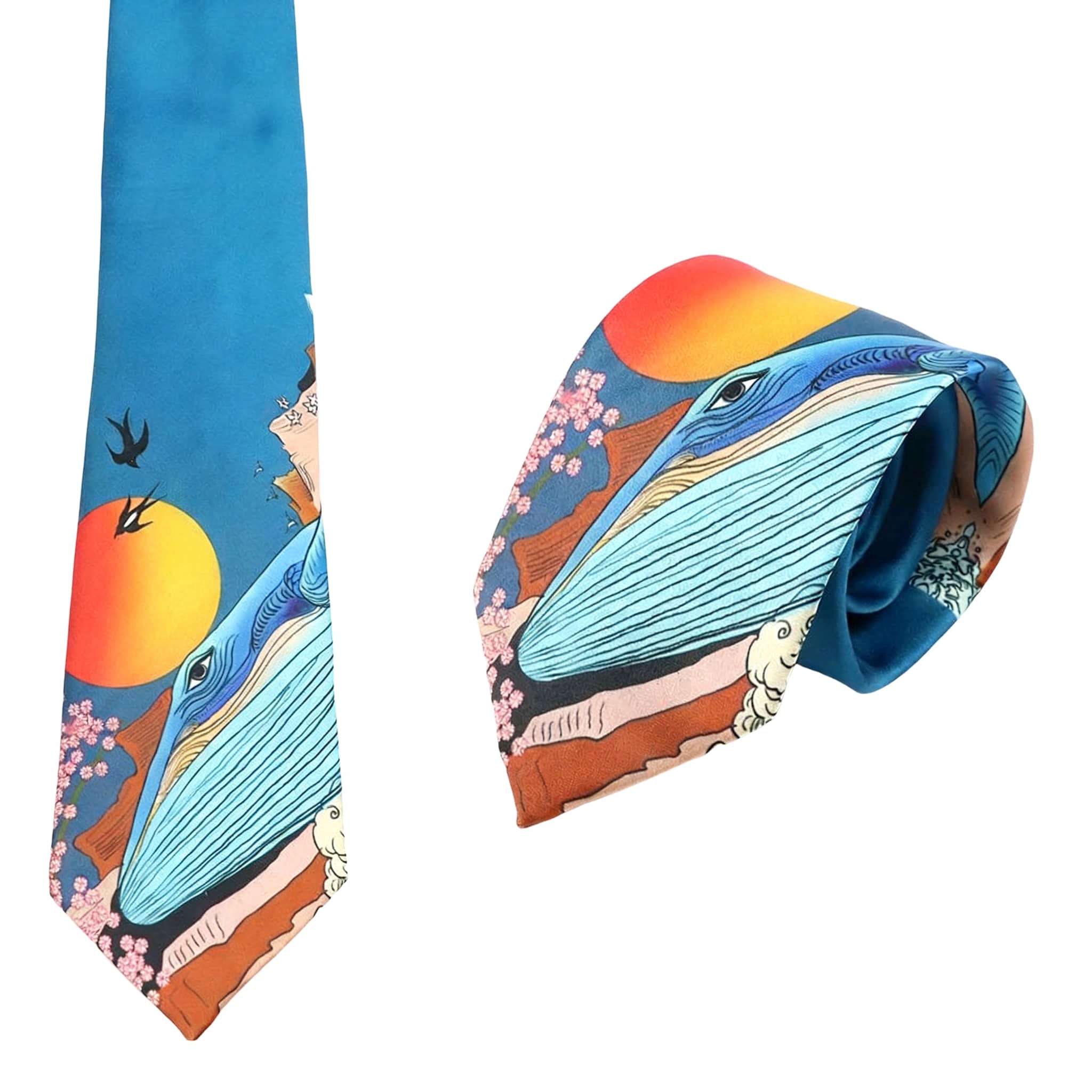 Blue with Whale Sun Cherry Blossoms Swallows Necktie