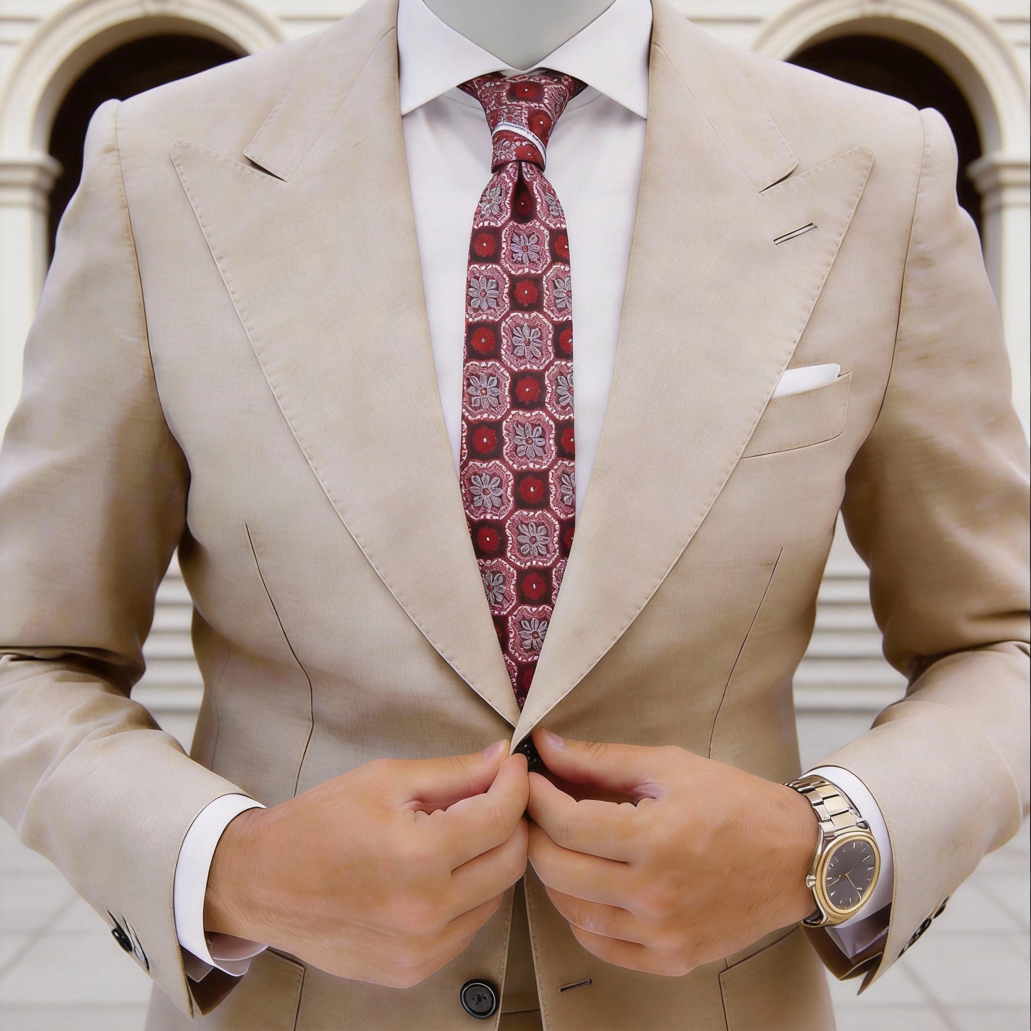Dark Brown With Red Pink Gray Medallion Necktie